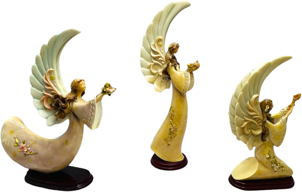 Set of 3 Vintage Praying Angels Resin On Wood Base Circa 70s Large Wings