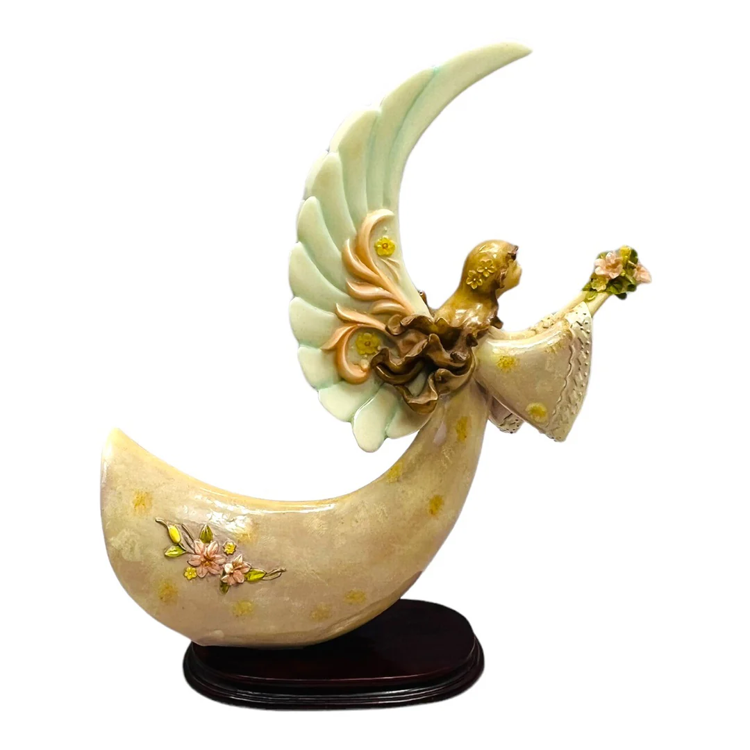 Set of 3 Vintage Praying Angels Resin On Wood Base Circa 70s Large Wings - Image 11