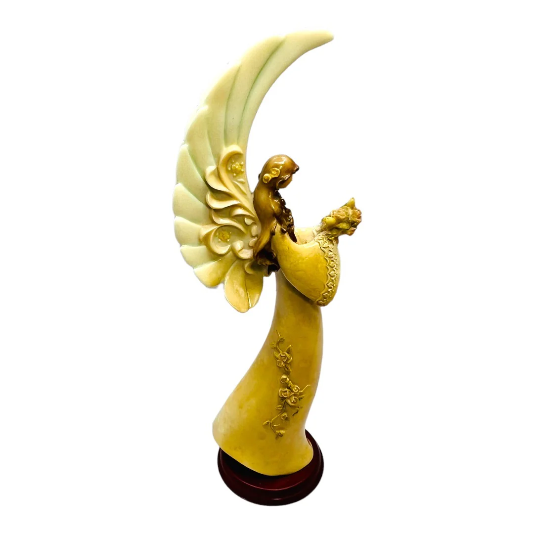 Set of 3 Vintage Praying Angels Resin On Wood Base Circa 70s Large Wings - Image 12