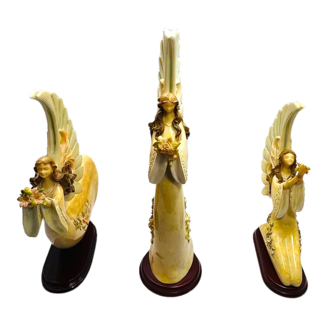 Set of 3 Vintage Praying Angels Resin On Wood Base Circa 70s Large Wings - Image 2