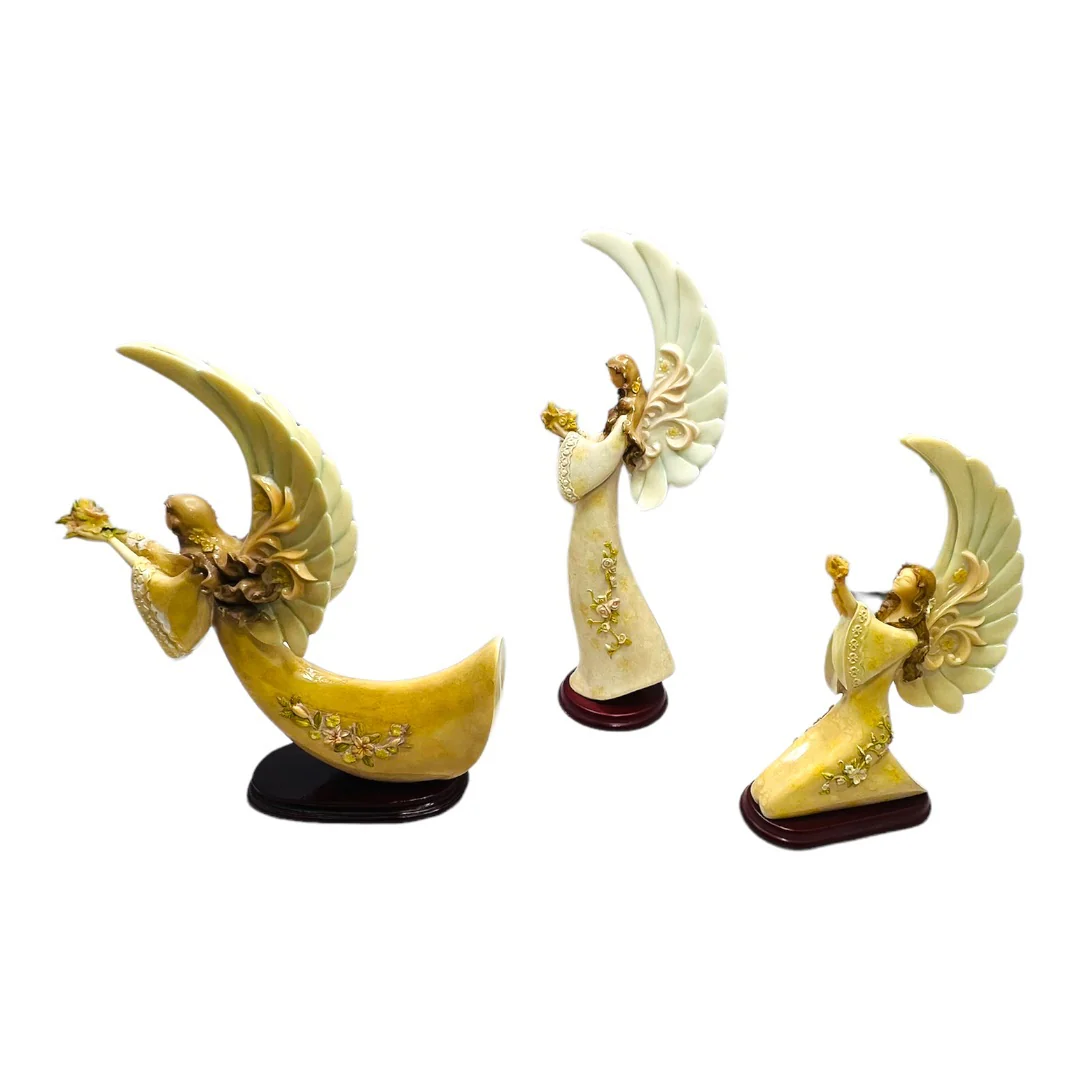 Set of 3 Vintage Praying Angels Resin On Wood Base Circa 70s Large Wings - Image 3