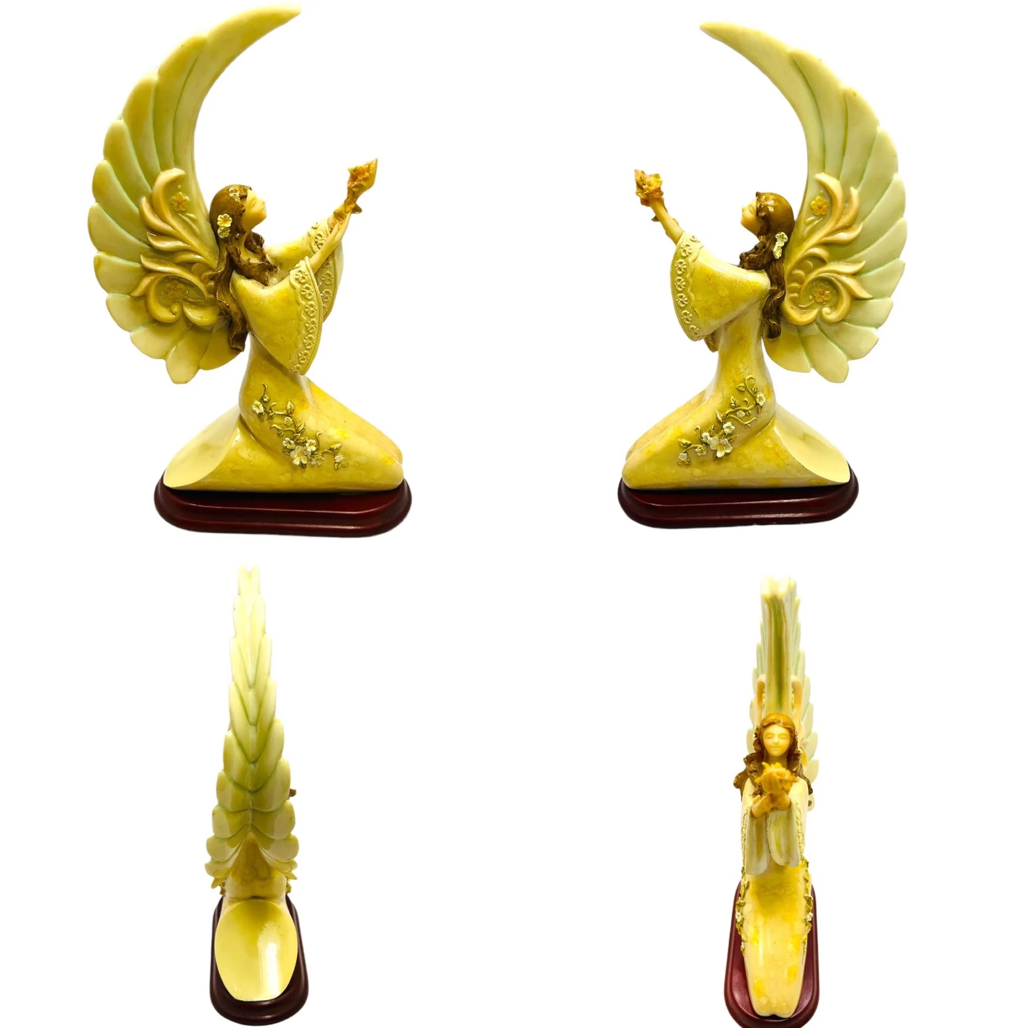 Set of 3 Vintage Praying Angels Resin On Wood Base Circa 70s Large Wings - Image 4