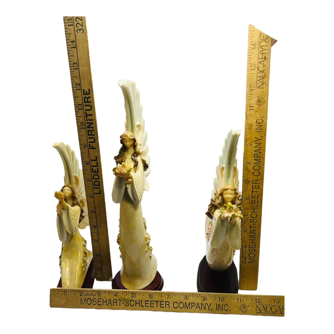 Set of 3 Vintage Praying Angels Resin On Wood Base Circa 70s Large Wings - Image 7