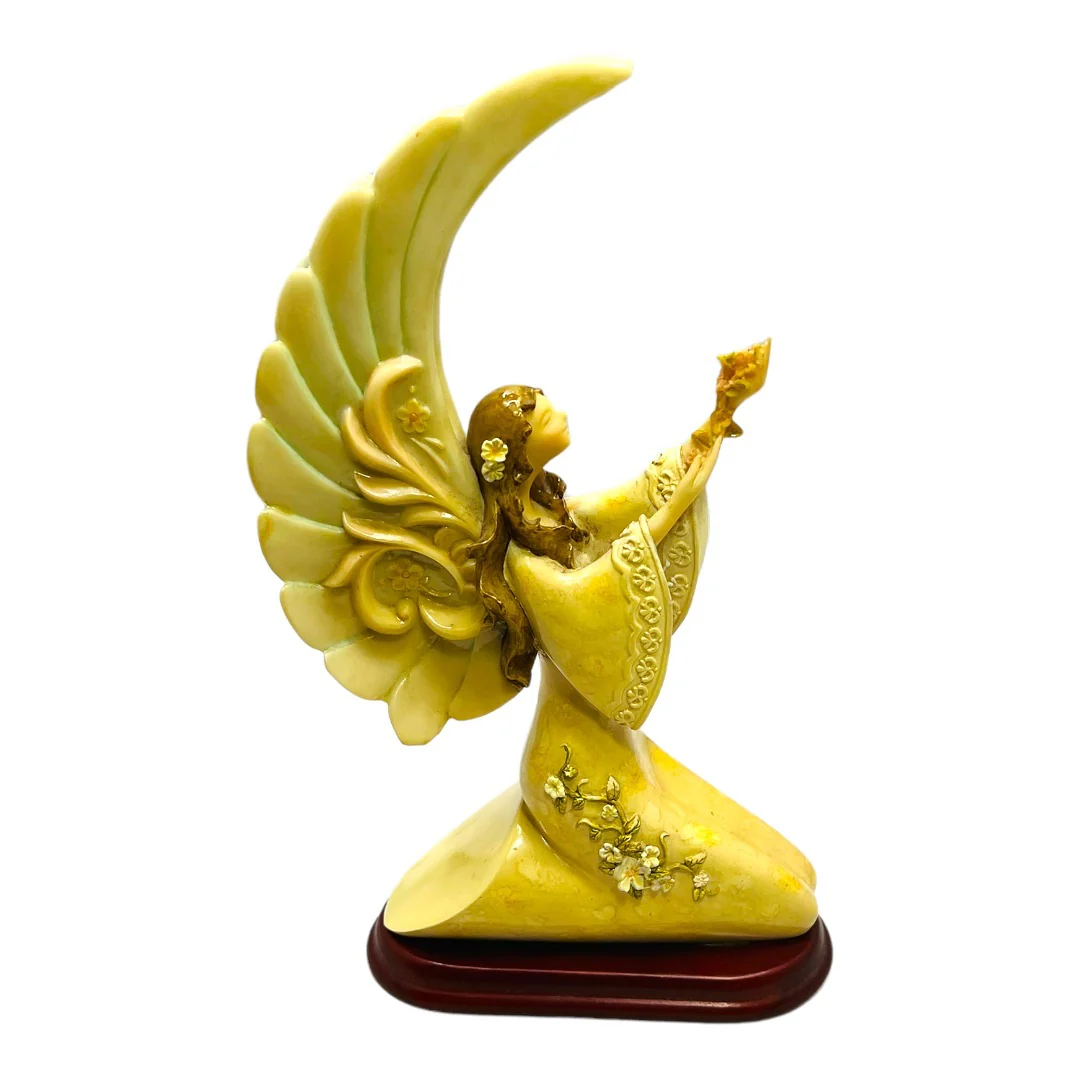Set of 3 Vintage Praying Angels Resin On Wood Base Circa 70s Large Wings - Image 8