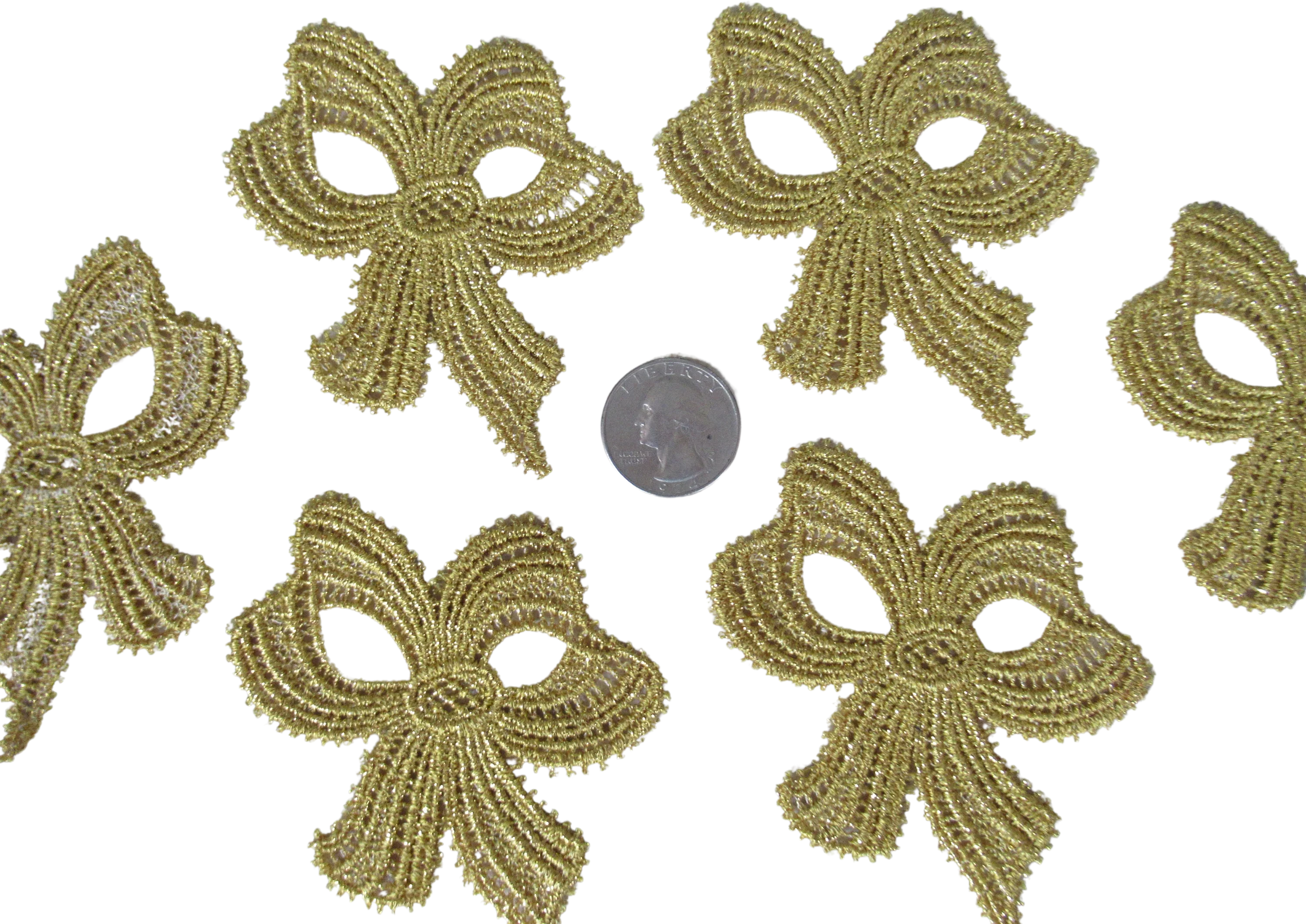 Set of 6 Gold Metallic Bow Appliques Use On Dresses Or for Craft Projects Overall
