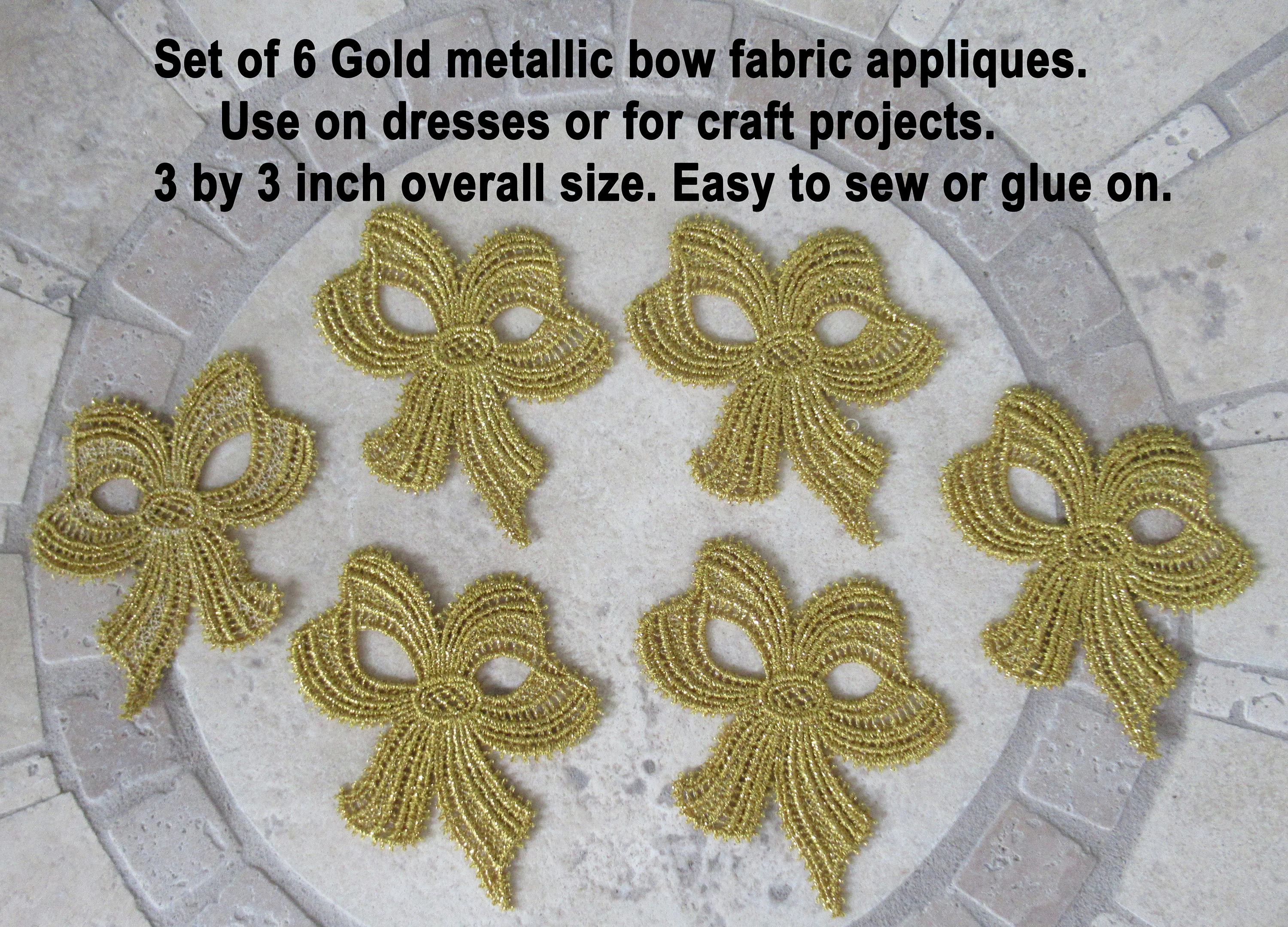 Set of 6 Gold Metallic Bow Appliques Use On Dresses Or for Craft Projects Overall - Image 3