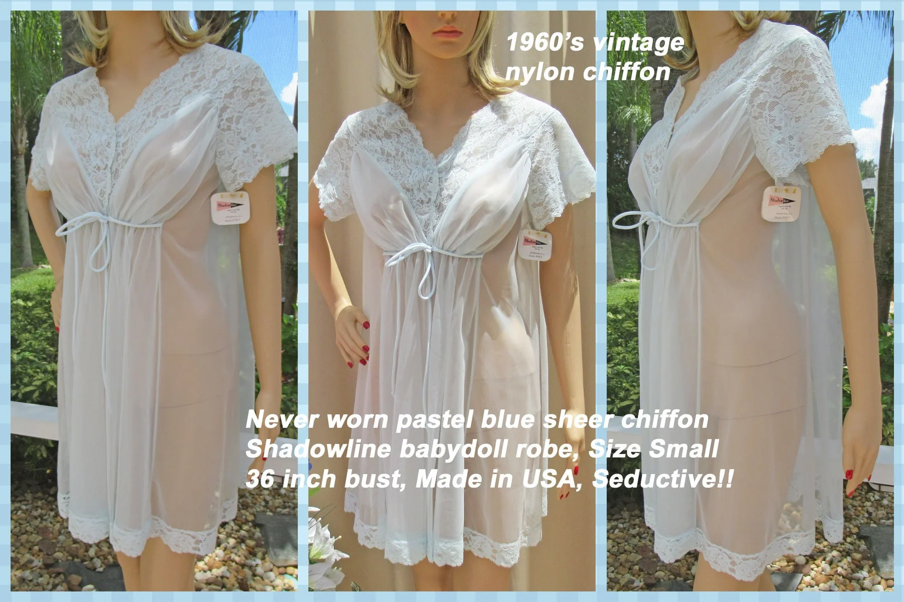 Shadowline Babydoll Robe Never Worn Pastel Blue Sheer Chiffon Lush Floral Lace Cap Sleeves by Shadowline - Image 2