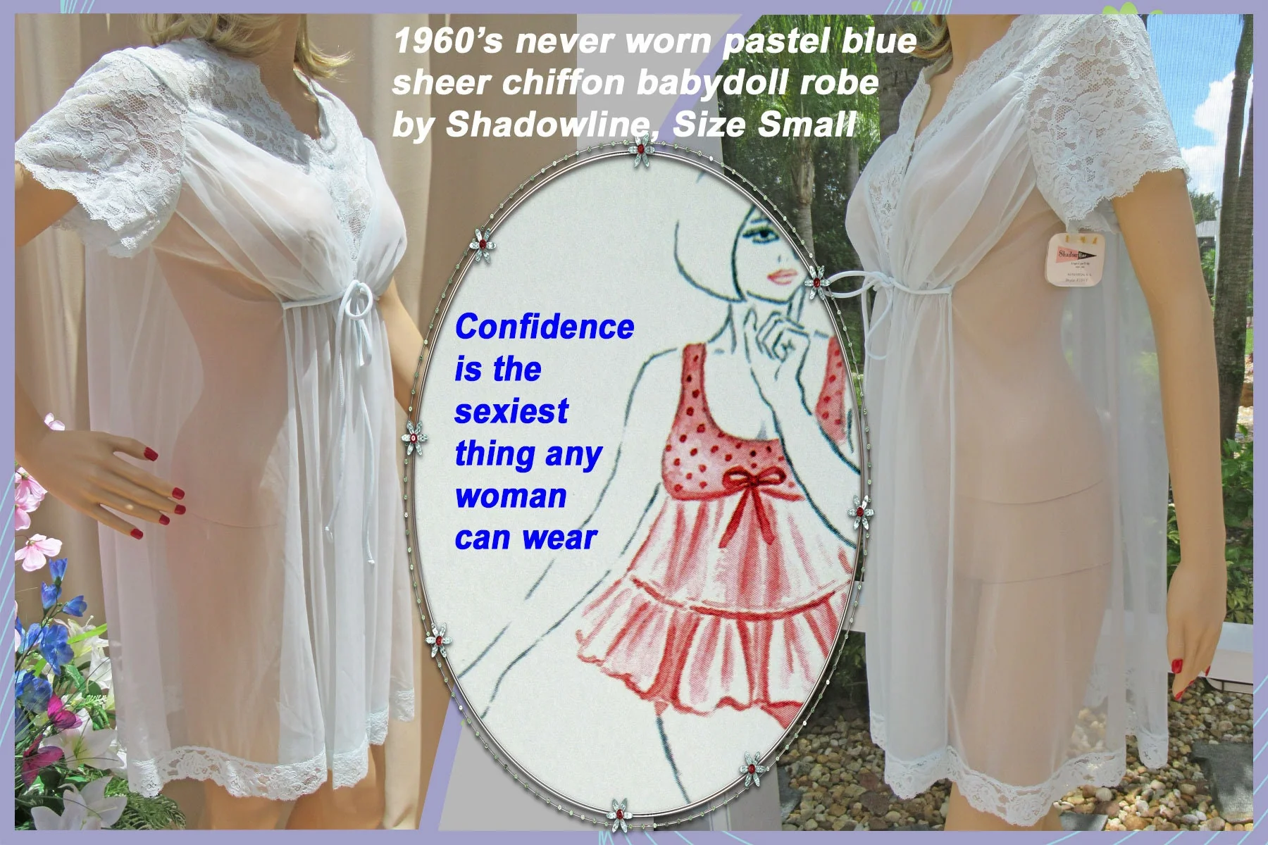 Shadowline Babydoll Robe Never Worn Pastel Blue Sheer Chiffon Lush Floral Lace Cap Sleeves by Shadowline - Image 6