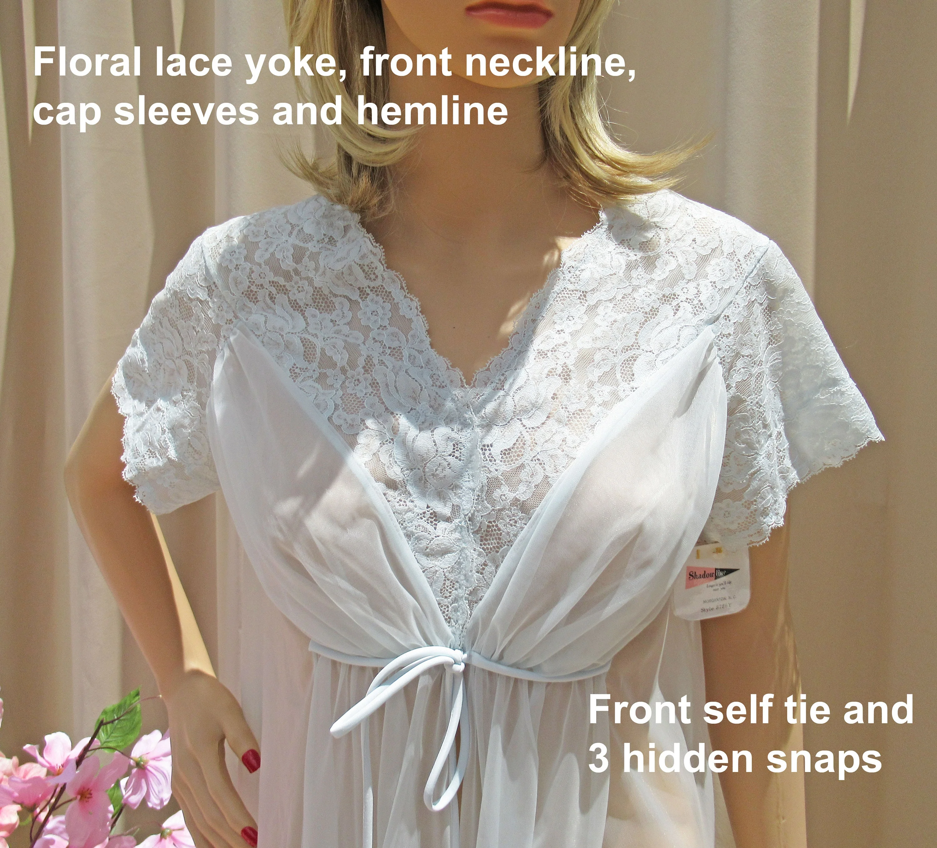Shadowline Babydoll Robe Never Worn Pastel Blue Sheer Chiffon Lush Floral Lace Cap Sleeves by Shadowline - Image 7