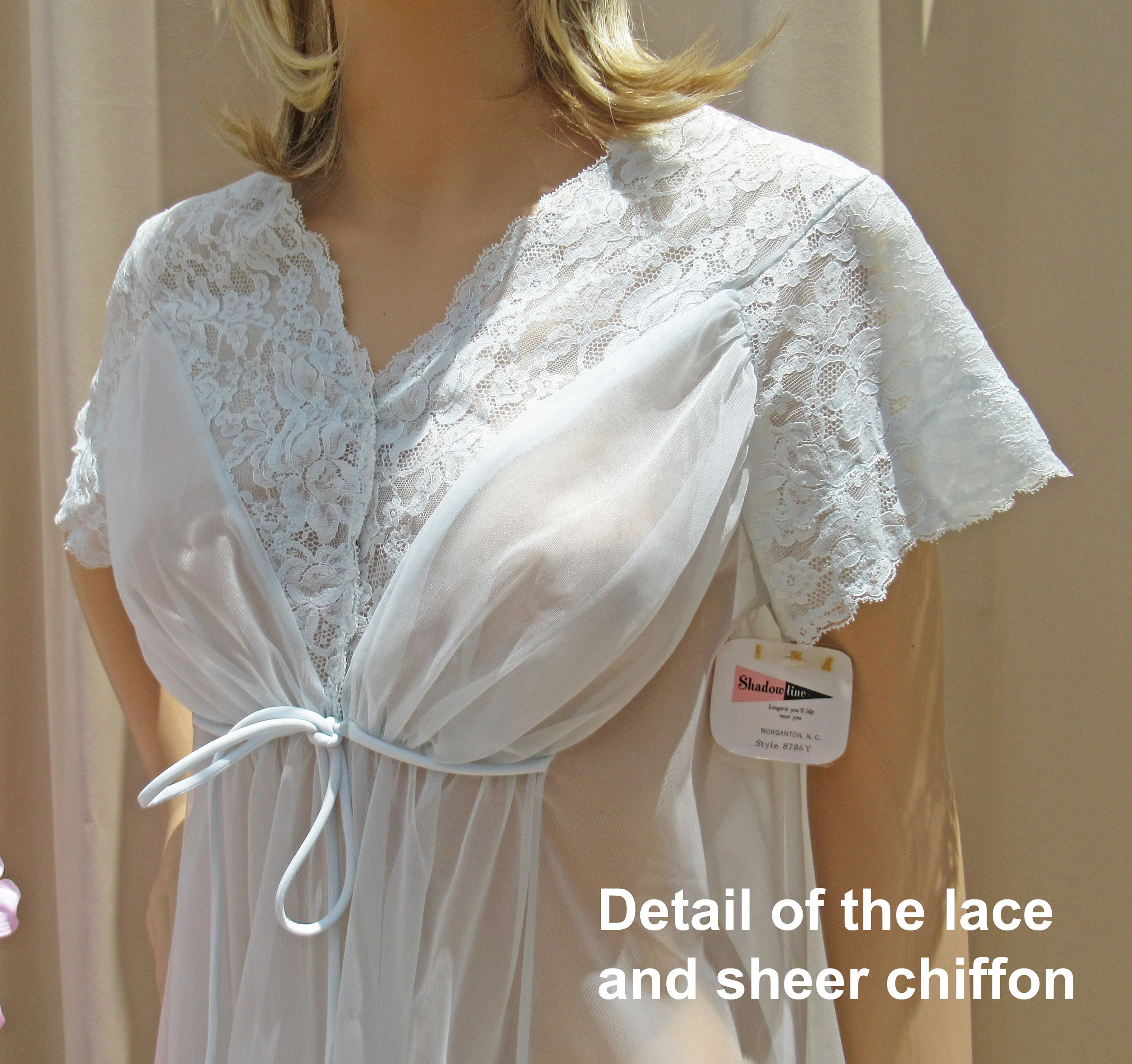 Shadowline Babydoll Robe Never Worn Pastel Blue Sheer Chiffon Lush Floral Lace Cap Sleeves by Shadowline - Image 8