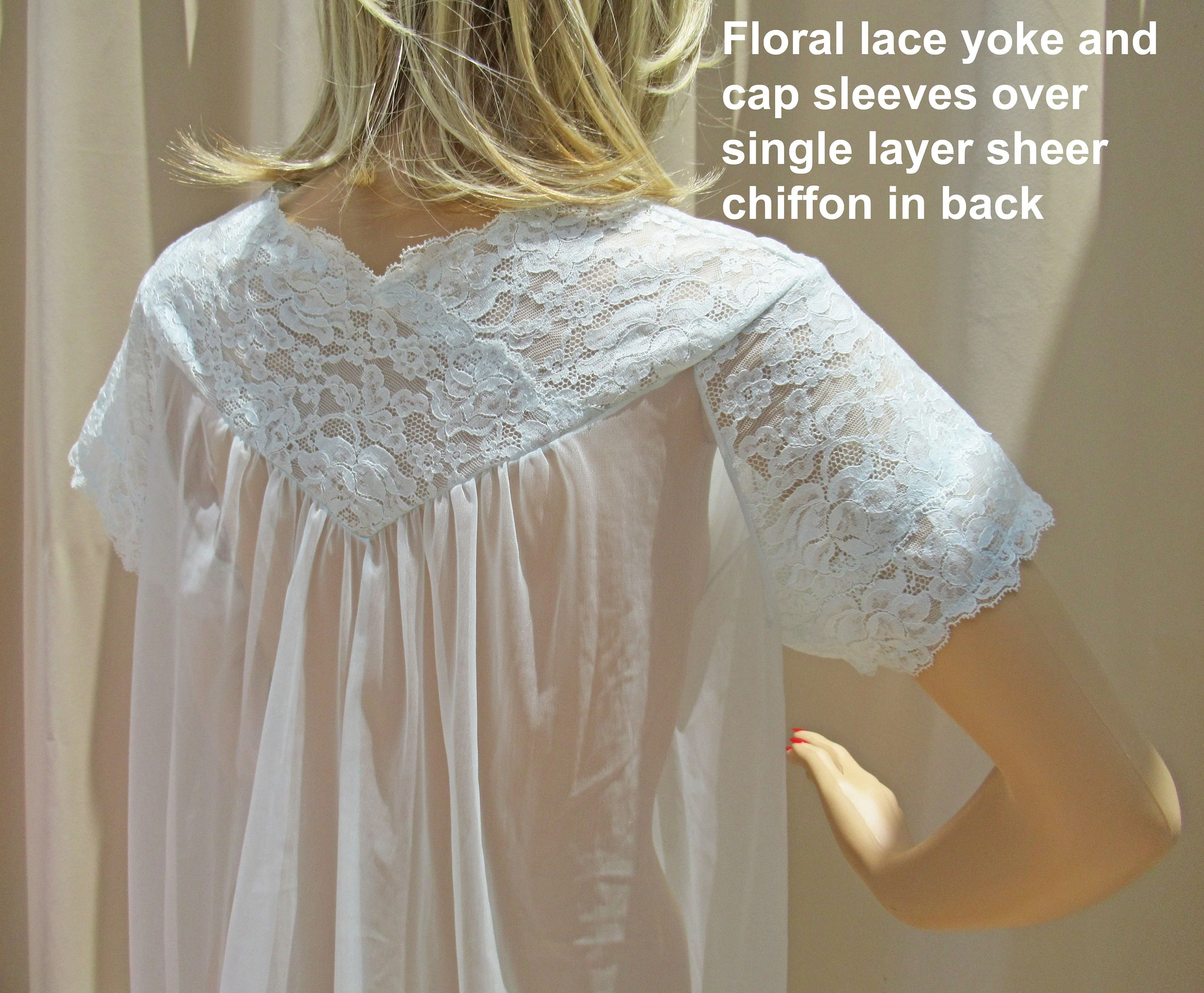 Shadowline Babydoll Robe Never Worn Pastel Blue Sheer Chiffon Lush Floral Lace Cap Sleeves by Shadowline - Image 9