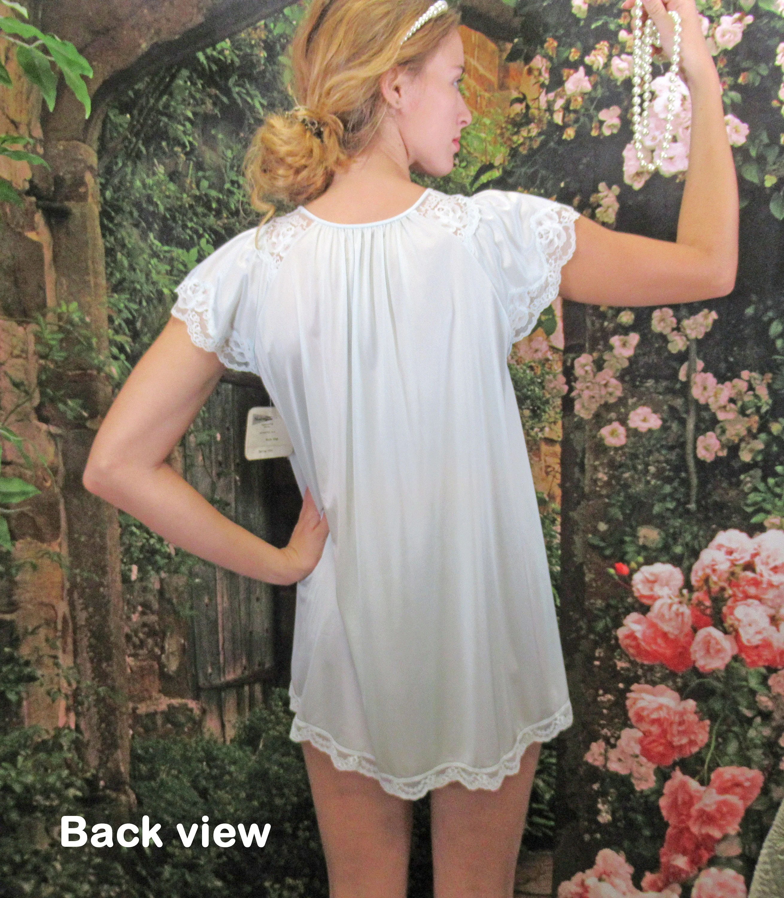 Shadowline Babydoll Sz Sm Robe 1981 Paper Hang Tag Never Worn Pastel Blue Nylon Lace Cap Sleeve 38 Inch Bust Small Made In Usa - Image 2