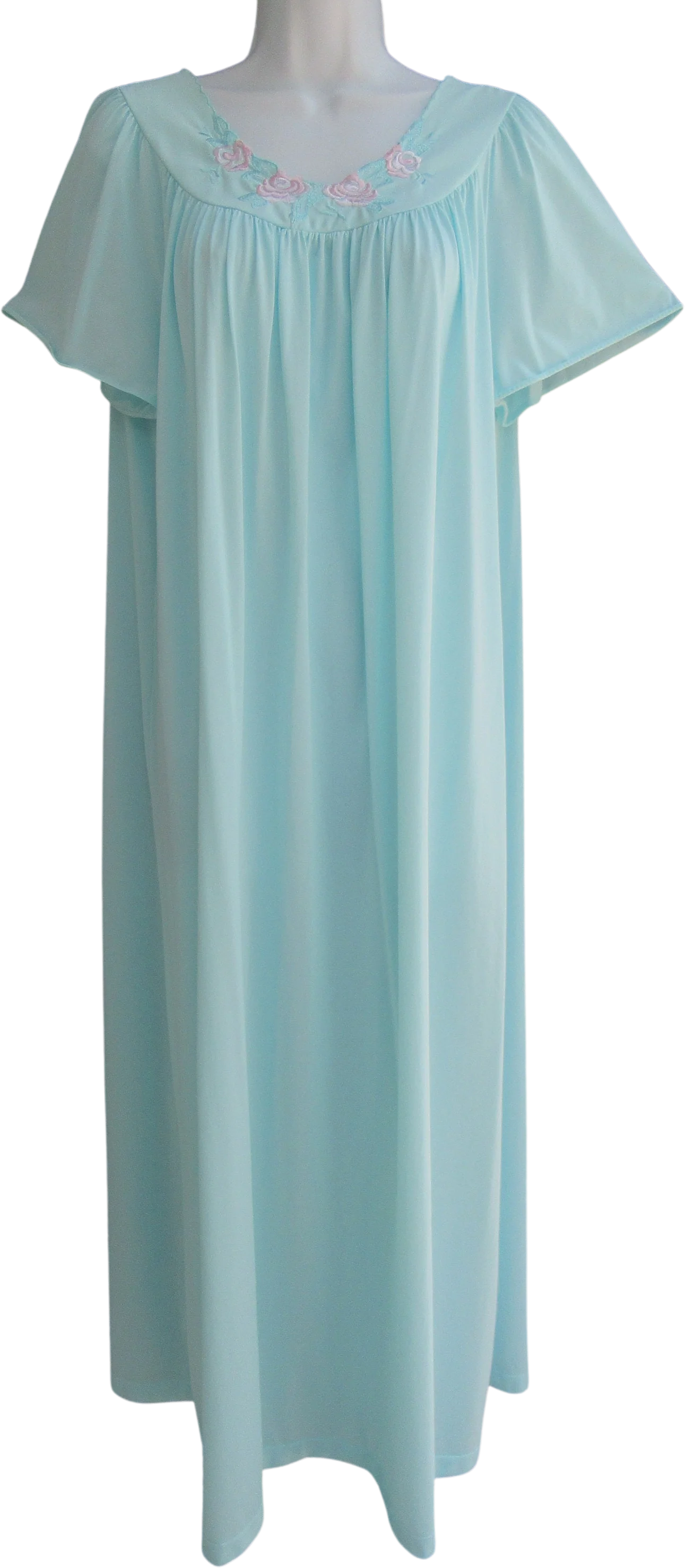 Shadowline Nightgown Large Teal Blue Nylon Floral Pink Yoke Short Cap Sleeve A-Line Style Vintage by Shadowline