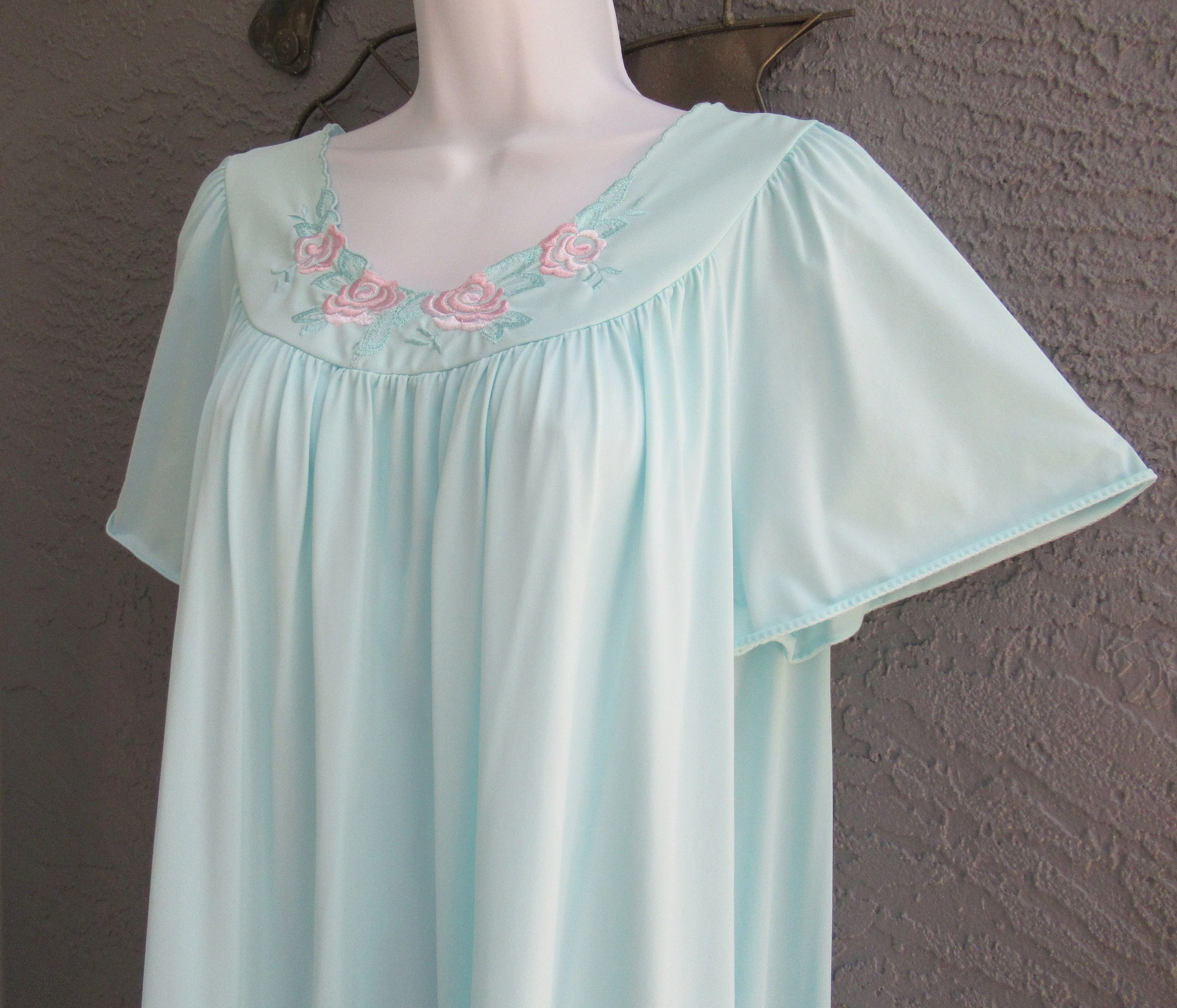 Shadowline Nightgown Large Teal Blue Nylon Floral Pink Yoke Short Cap Sleeve A-Line Style Vintage by Shadowline - Image 6