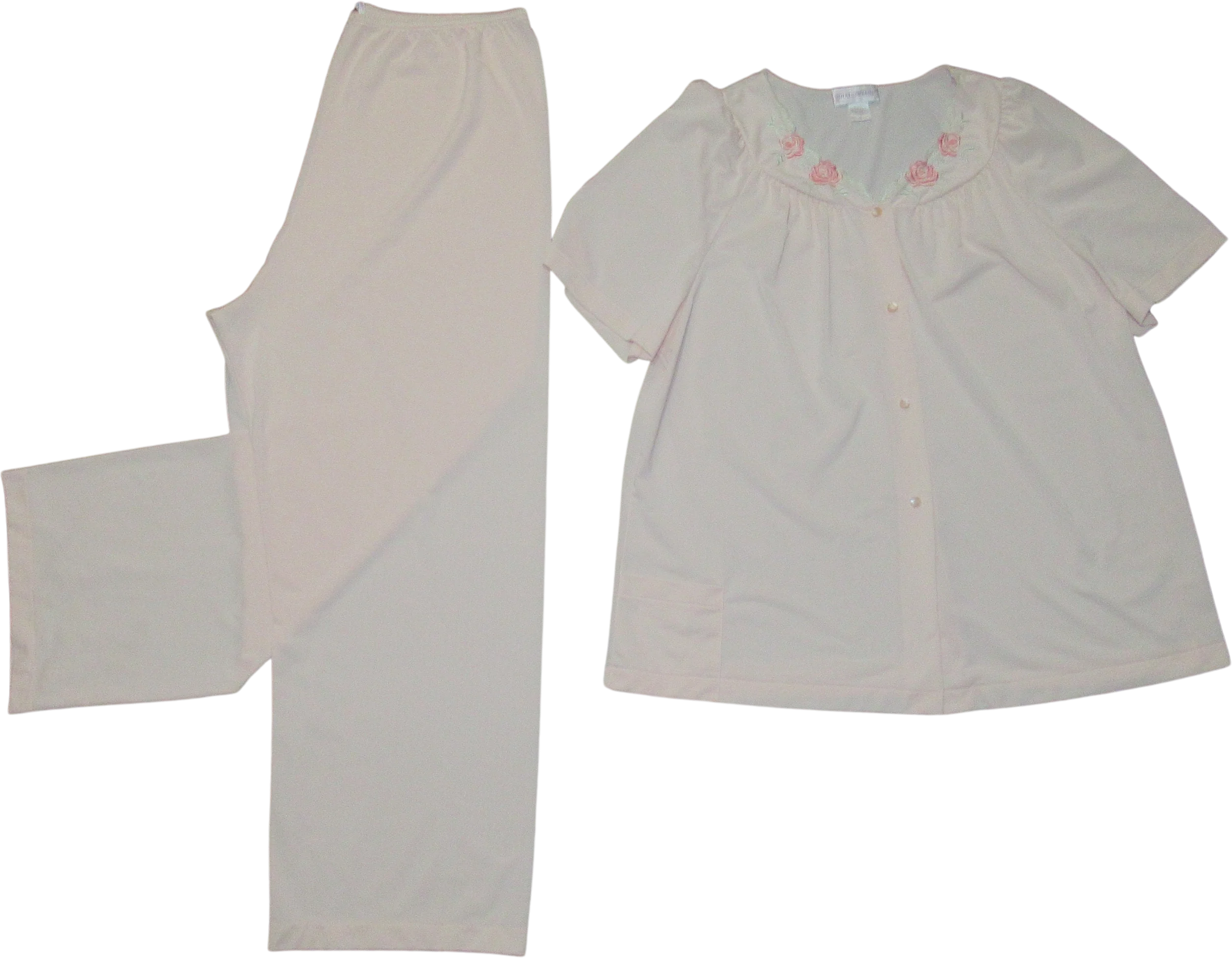 Shadowline Pajama Set Pastel Pink Nylon Button Front Short Sleeve Top Elastic Pants Floral Embroidery Yoke Pretty Vintage by Shadowline