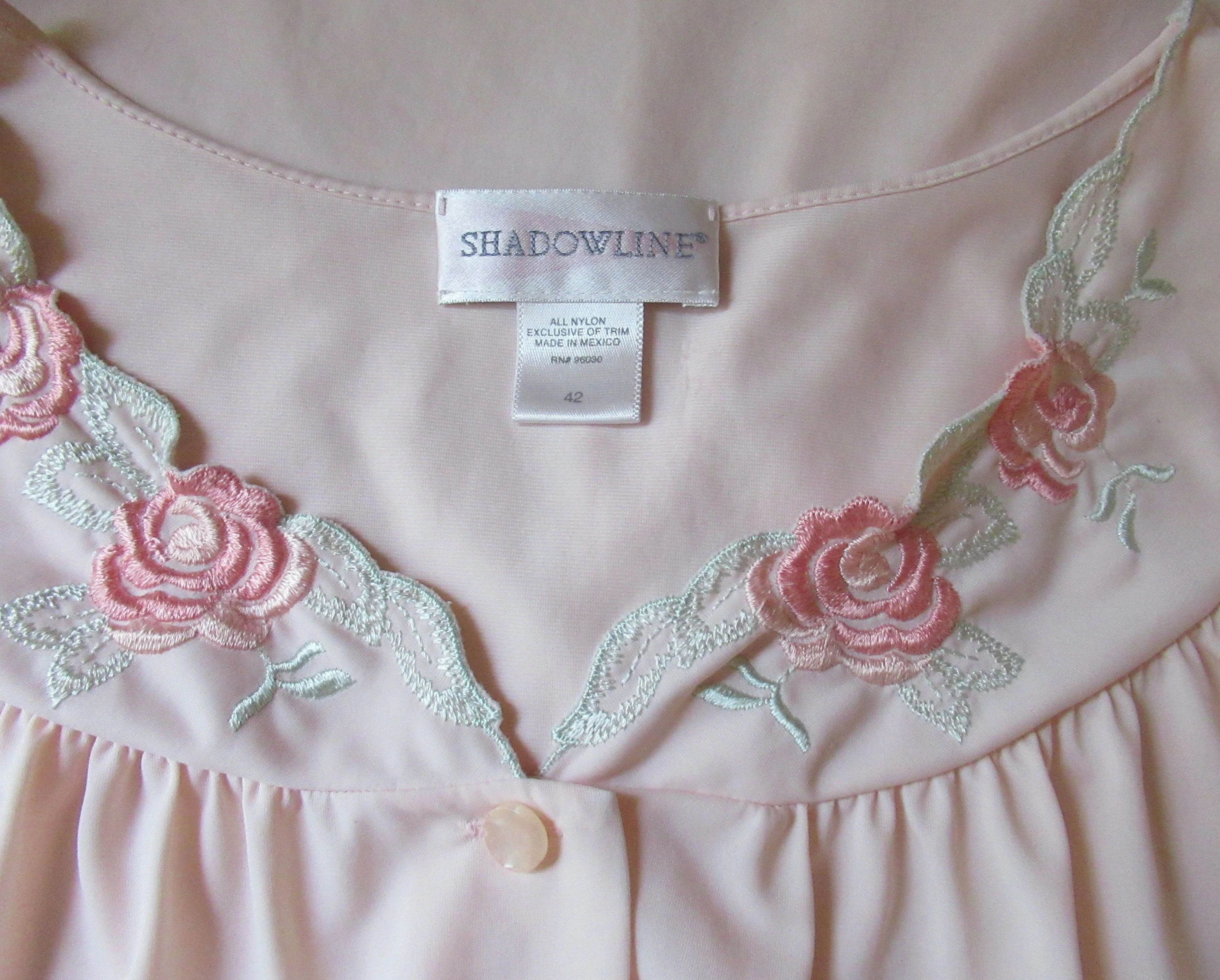 Shadowline Pajama Set Pastel Pink Nylon Button Front Short Sleeve Top Elastic Pants Floral Embroidery Yoke Pretty Vintage by Shadowline - Image 6