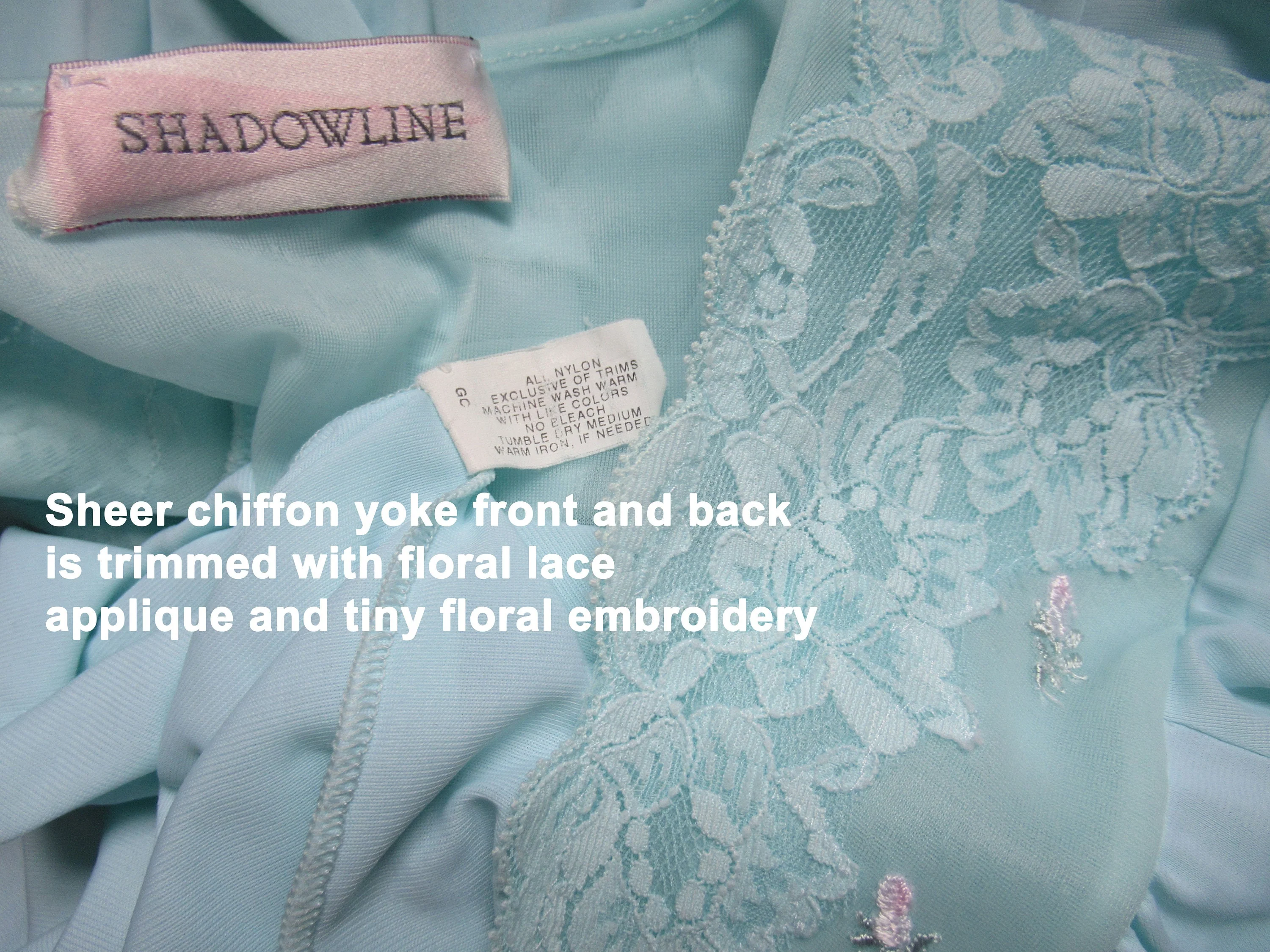 Shadowline Robe Nylon Pastel Teal Blue Knee Length Floral and Lace Trim On Sheer Chiffon Yoke Front Button Half Sleeve by Shadowline - Image 11