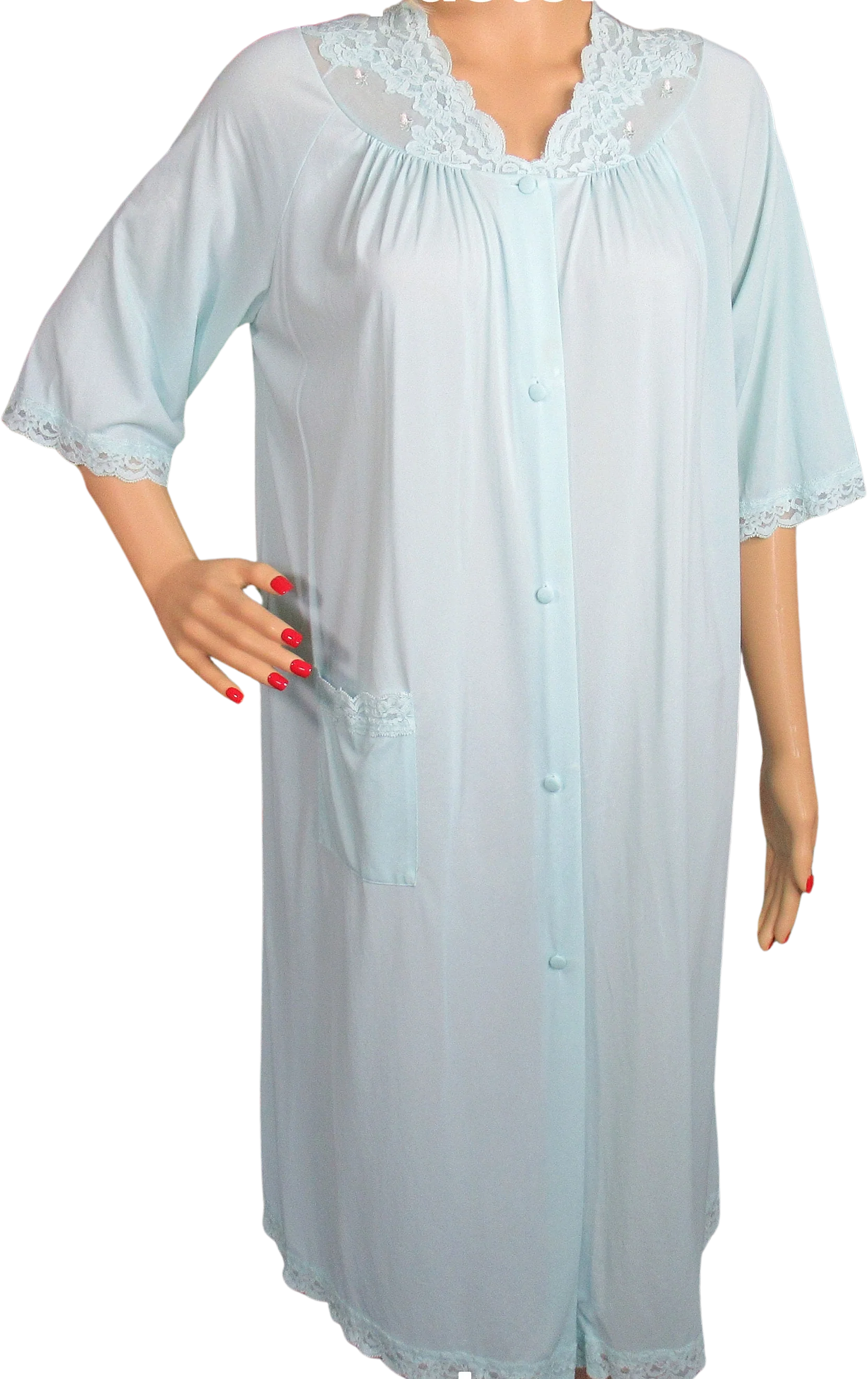 Shadowline Robe Nylon Pastel Teal Blue Knee Length Floral and Lace Trim On Sheer Chiffon Yoke Front Button Half Sleeve by Shadowline - Image 3