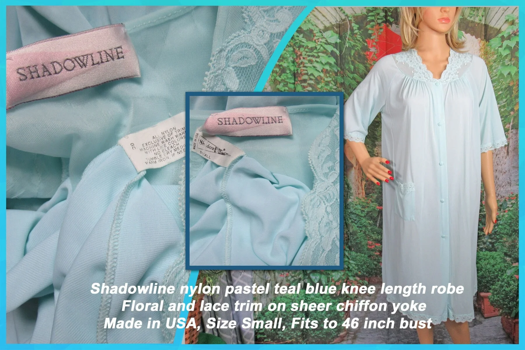 Shadowline Robe Nylon Pastel Teal Blue Knee Length Floral and Lace Trim On Sheer Chiffon Yoke Front Button Half Sleeve by Shadowline - Image 4