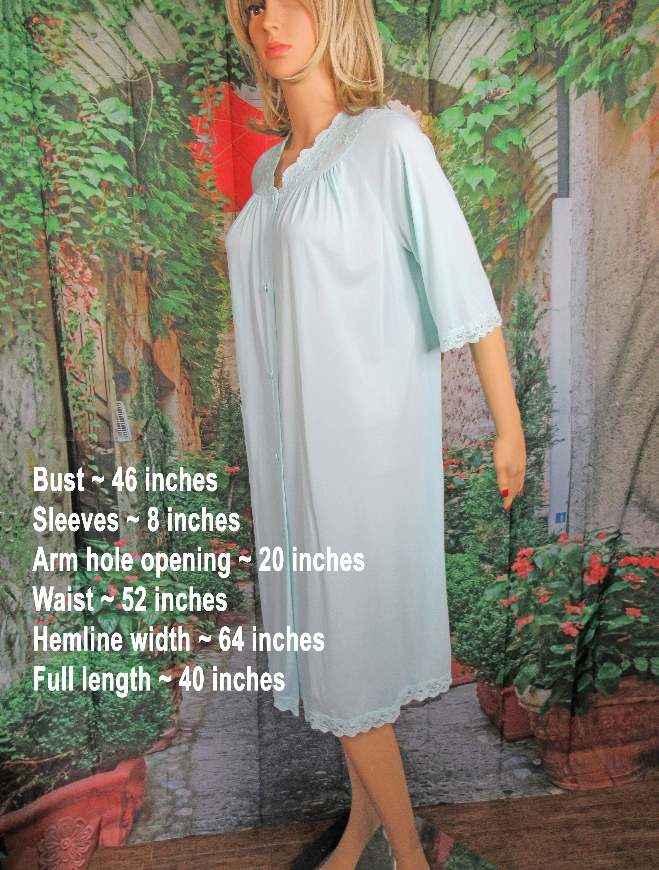 Shadowline Robe Nylon Pastel Teal Blue Knee Length Floral and Lace Trim On Sheer Chiffon Yoke Front Button Half Sleeve by Shadowline - Image 5