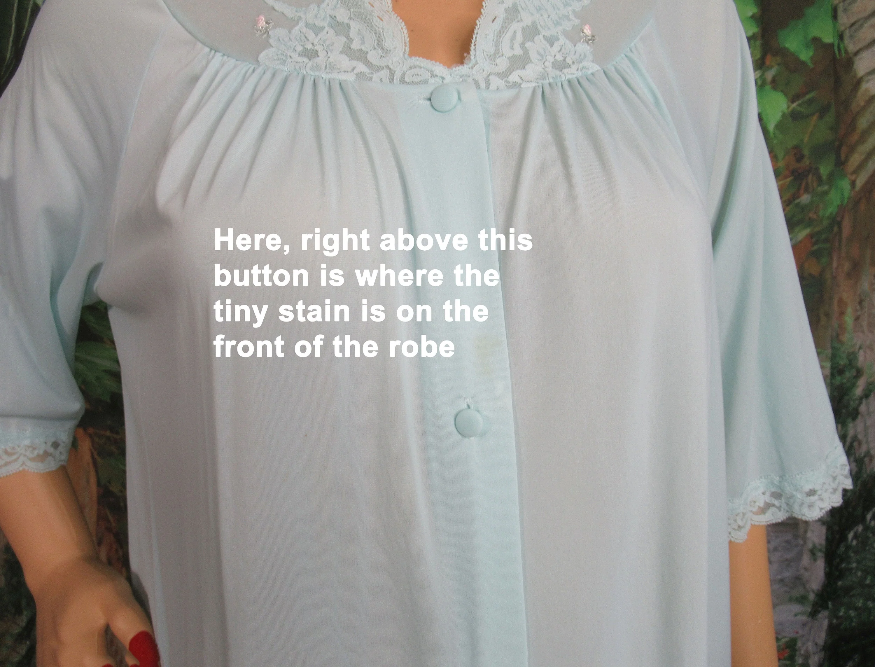 Shadowline Robe Nylon Pastel Teal Blue Knee Length Floral and Lace Trim On Sheer Chiffon Yoke Front Button Half Sleeve by Shadowline - Image 7