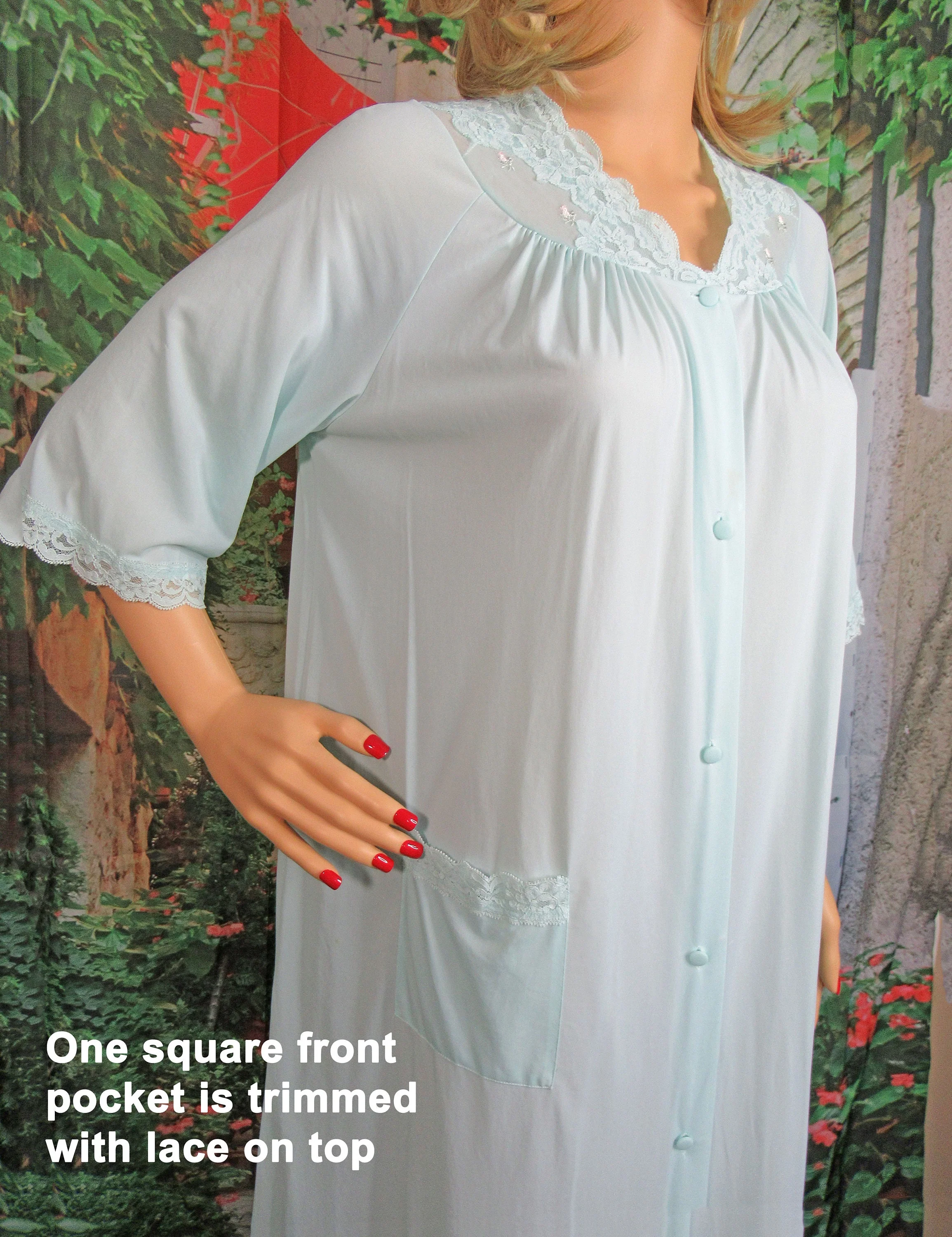 Shadowline Robe Nylon Pastel Teal Blue Knee Length Floral and Lace Trim On Sheer Chiffon Yoke Front Button Half Sleeve by Shadowline - Image 9