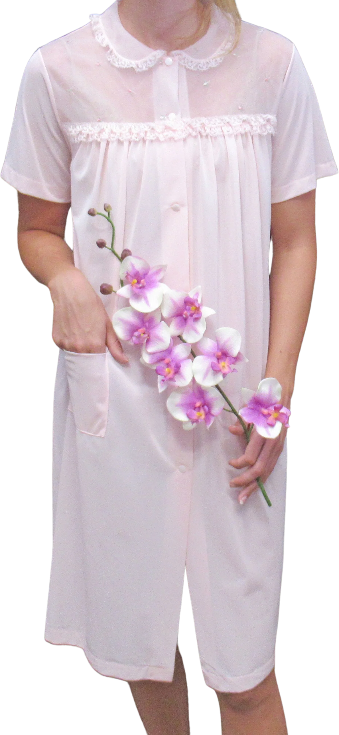 Shadowline Robe with 1963 Tag Pink Nylon Chiffon Yoke W Lace Knee Length Short Sleeve Front Button Vintage by Shadowline - Image 3
