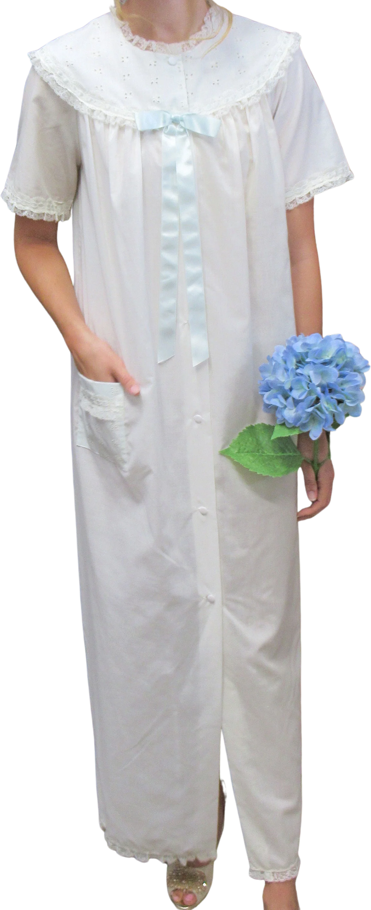 Shadowline White Robe Never Worn Pastel Blue Ribbon Trim Sm Pimatiste Dacron Polyesterpima Cotton 1971 Tag by Shadowline