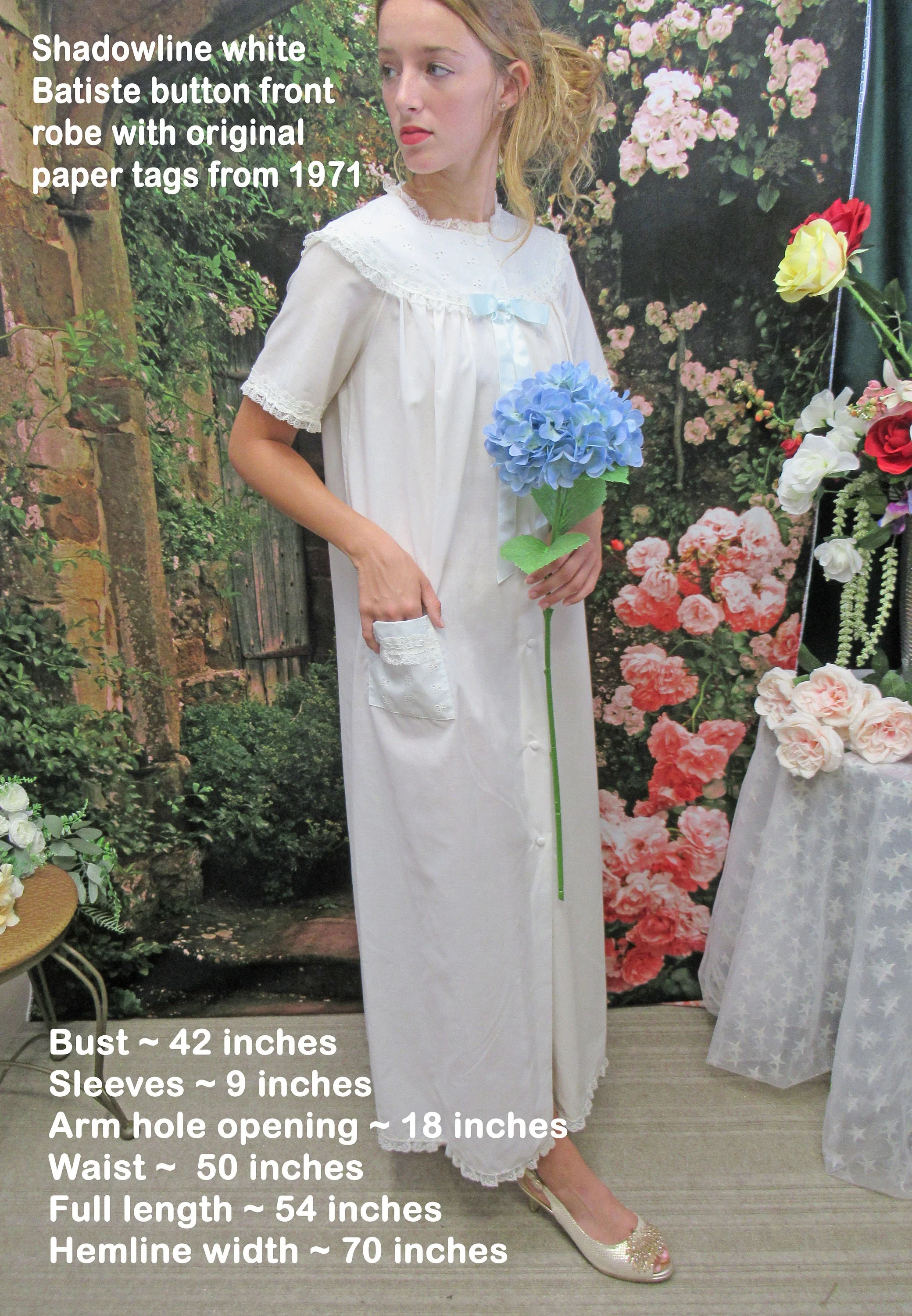 Shadowline White Robe Never Worn Pastel Blue Ribbon Trim Sm Pimatiste Dacron Polyesterpima Cotton 1971 Tag by Shadowline - Image 3