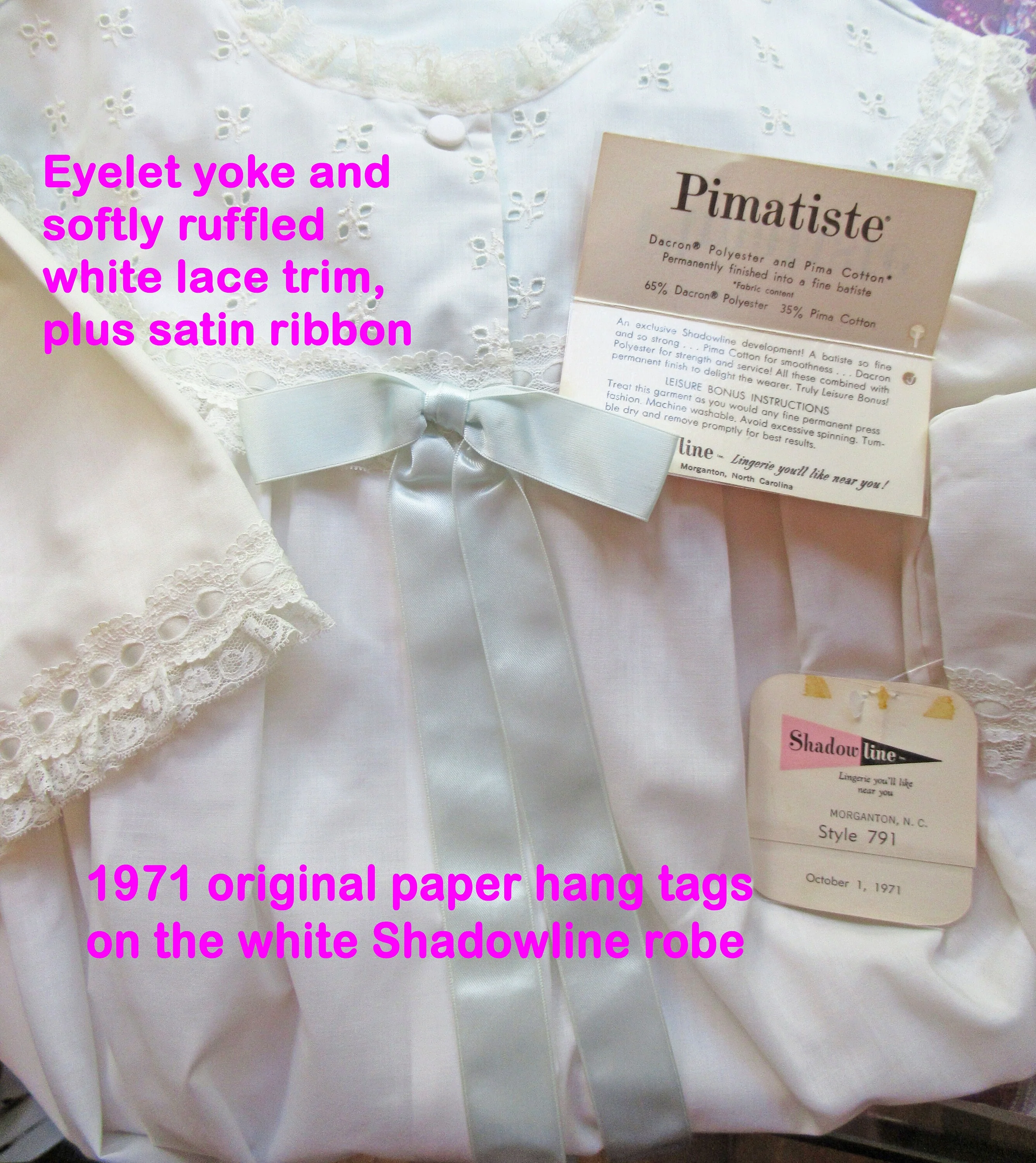 Shadowline White Robe Never Worn Pastel Blue Ribbon Trim Sm Pimatiste Dacron Polyesterpima Cotton 1971 Tag by Shadowline - Image 4