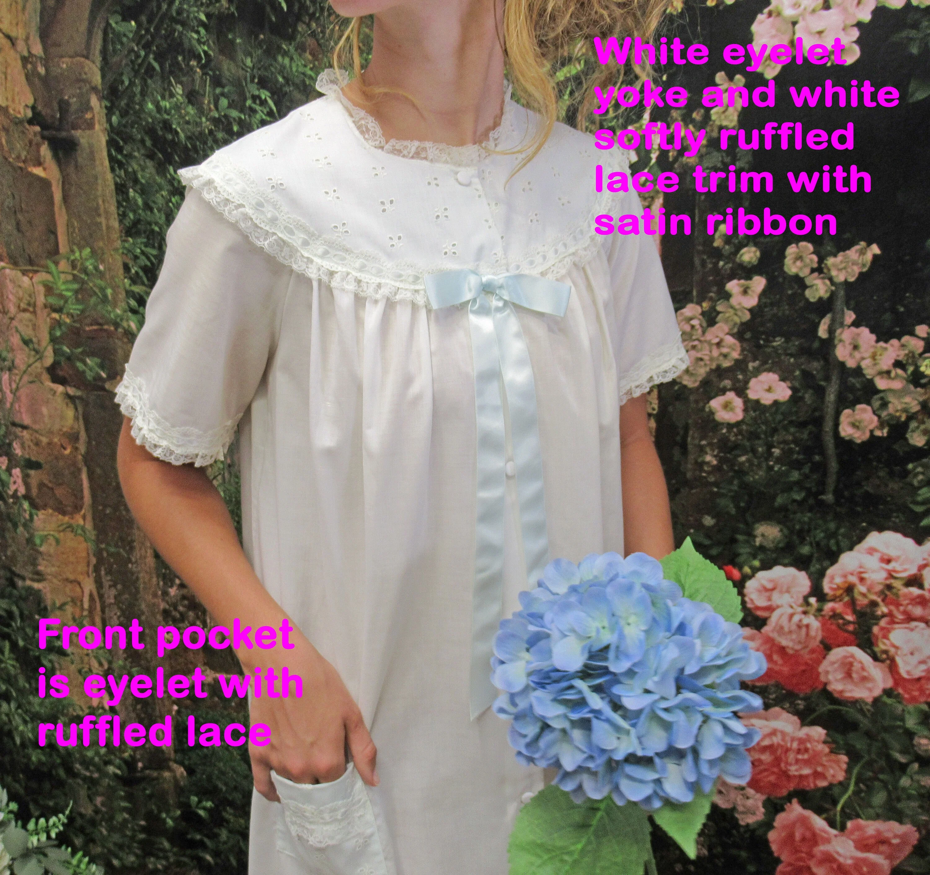 Shadowline White Robe Never Worn Pastel Blue Ribbon Trim Sm Pimatiste Dacron Polyesterpima Cotton 1971 Tag by Shadowline - Image 6