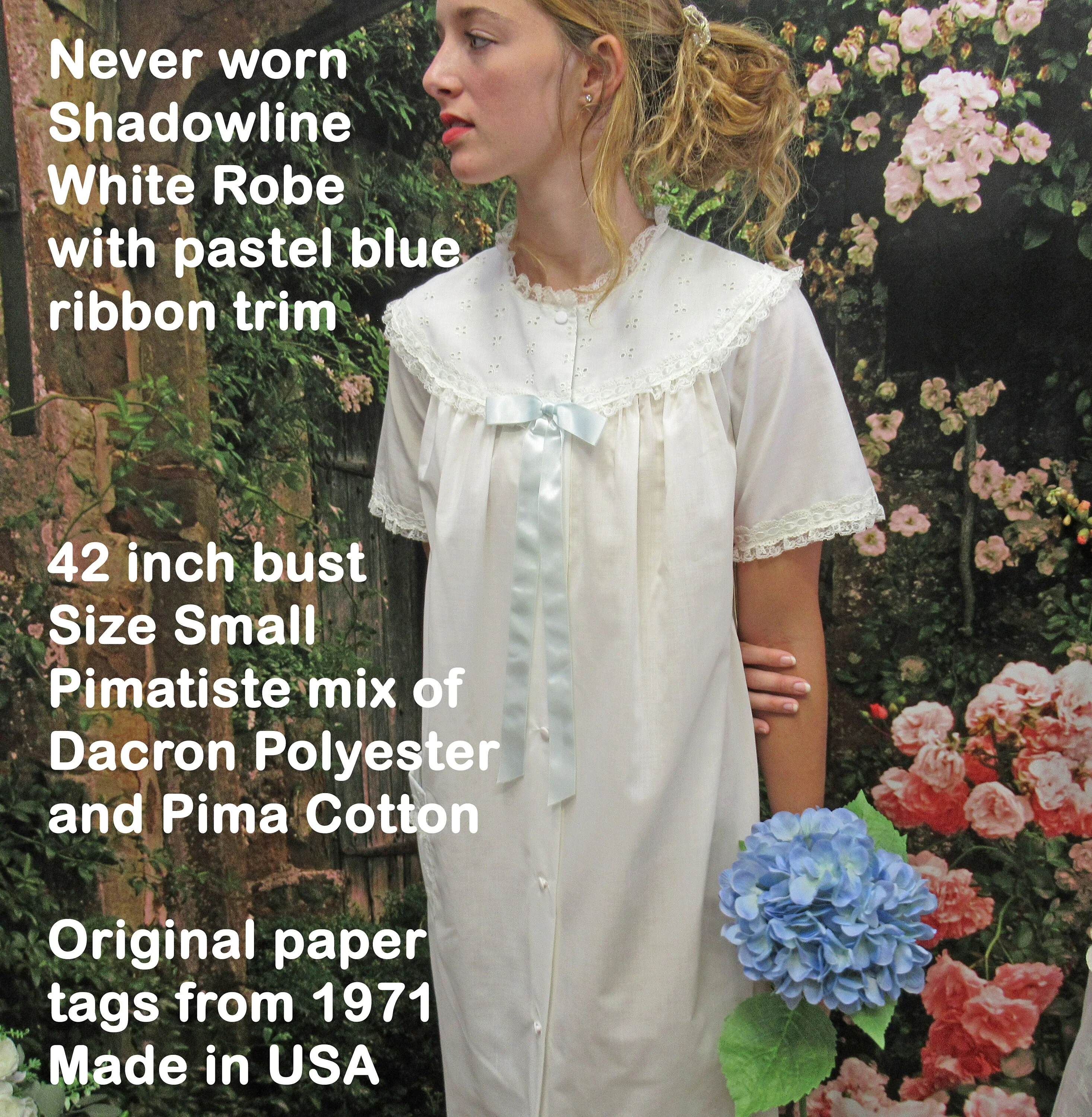 Shadowline White Robe Never Worn Pastel Blue Ribbon Trim Sm Pimatiste Dacron Polyesterpima Cotton 1971 Tag by Shadowline - Image 7