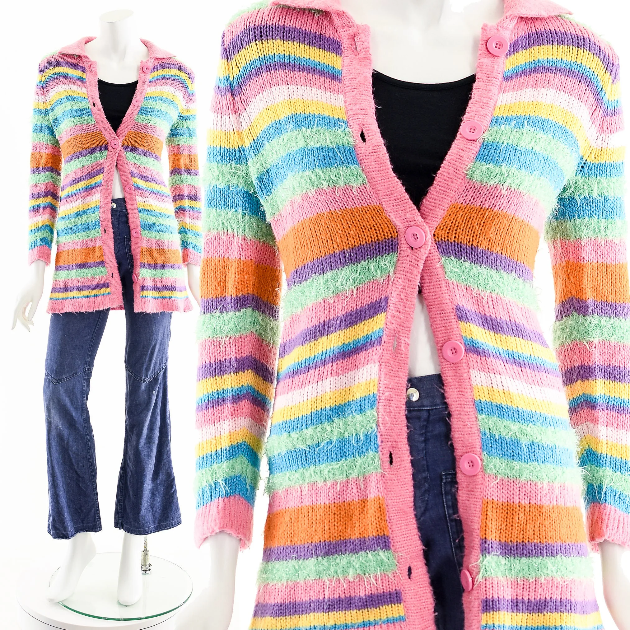 Shaggy Rainbow Sweater Duster 00s Pastel Rainbow Cardigan - Image 2