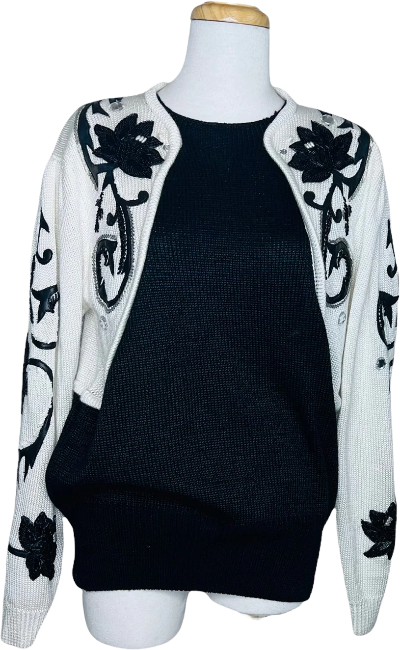 Shannan 80s Hand Beaded Floral Sweater Leather Patch Colorblock Large by Shannan