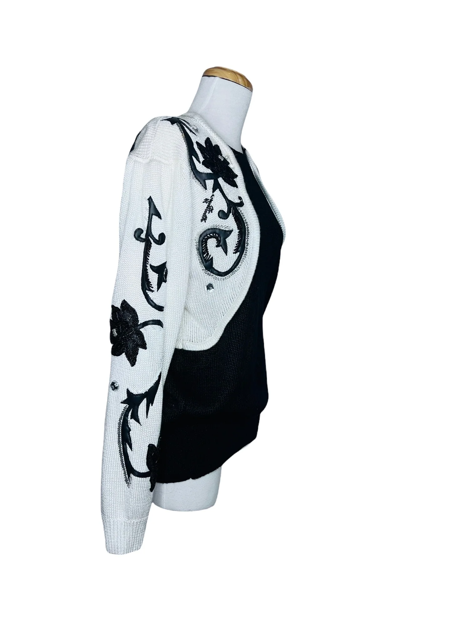 Shannan 80s Hand Beaded Floral Sweater Leather Patch Colorblock Large by Shannan - Image 3
