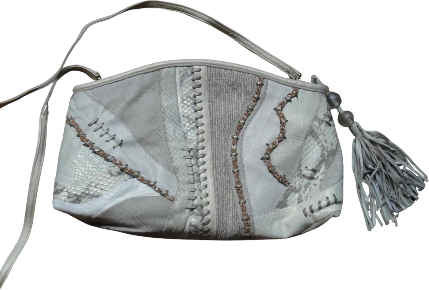 Sharif Metallic Leather Purse Patchwork Design Removable Handle To Use As Clutch Pristine Unused Top Zipper Tassel Accent by Sharif