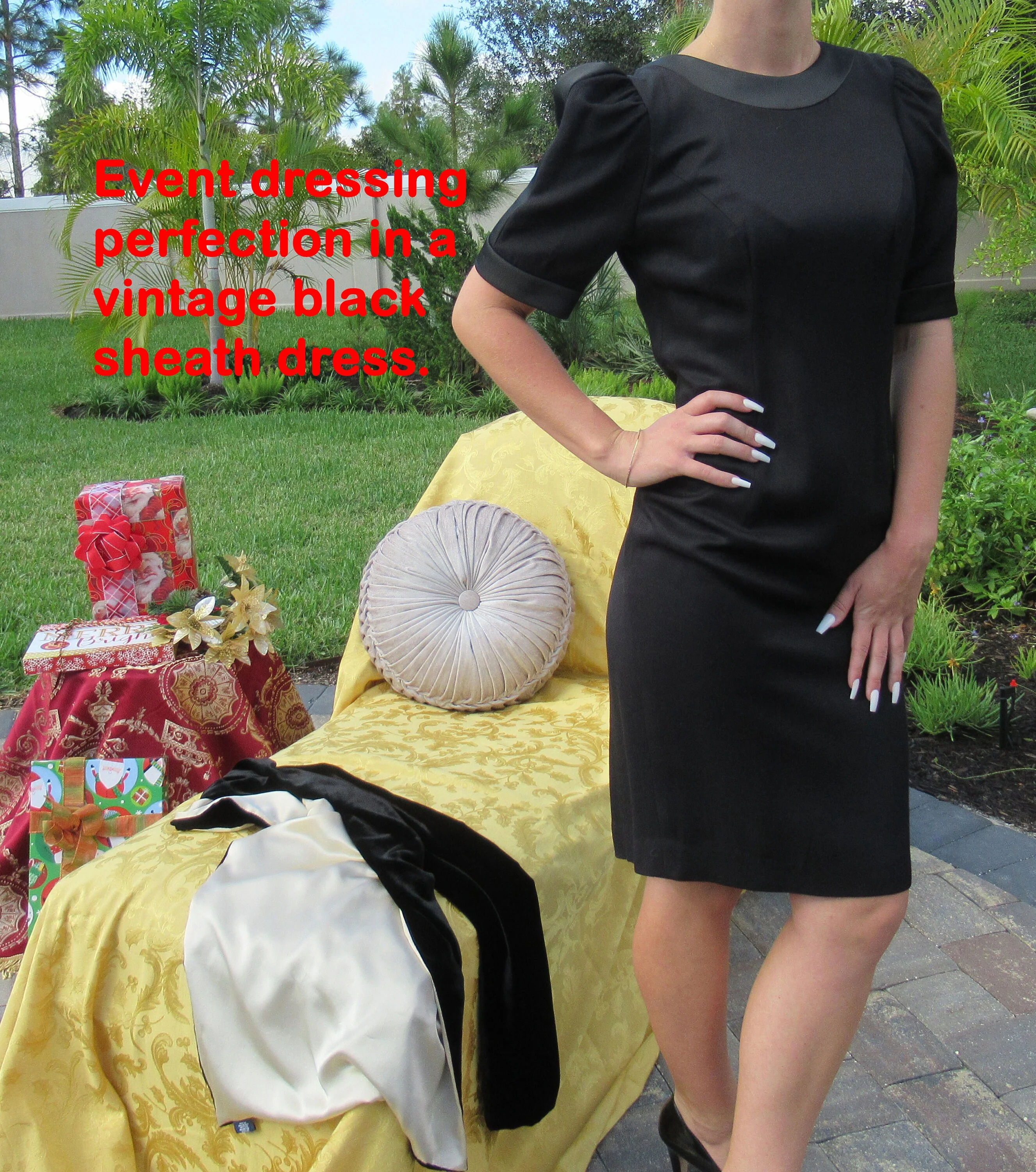 Sheath Dress Rare Karen Lawrence Matthew Black Rhinestone Back Trim Short Sleeve Tres Chic Little Black Dress Vintage by Karen Lawrence - Image 8