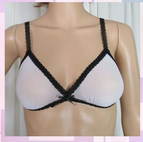 Sheer Bralette White Nylon with Black Lace Trim and Straps Victoria's Secret Stretches Vintage by Victoria's Secret,