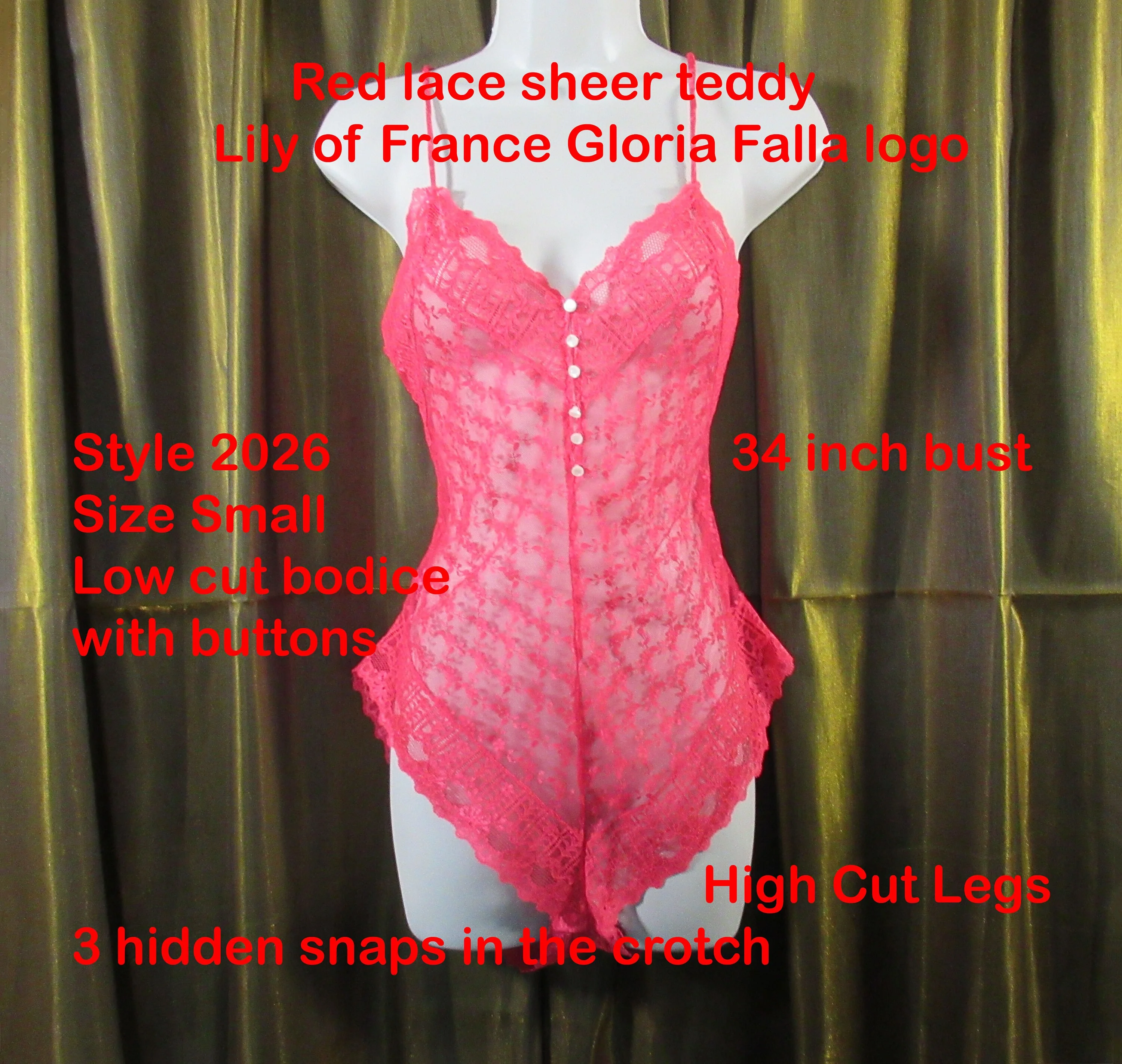Sheer Teddy Lily of France Gloria Falla Logo Red Lace Style 2026 Small Low Cut W Buttons High Cut Legs Spaghetti Straps by Lily Of France - Image 5