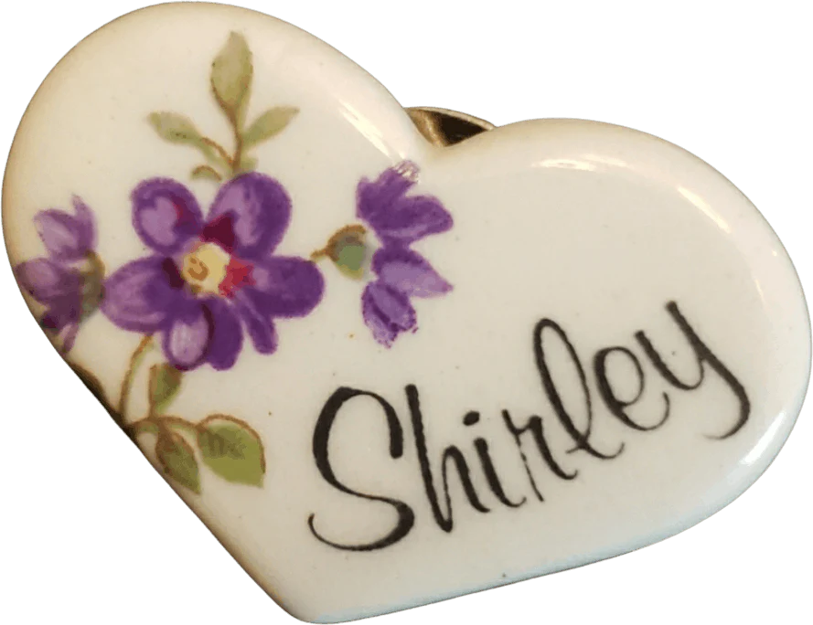 80's Shirley Personalized Ceramic Heart Pin by Earthy Endeavors
