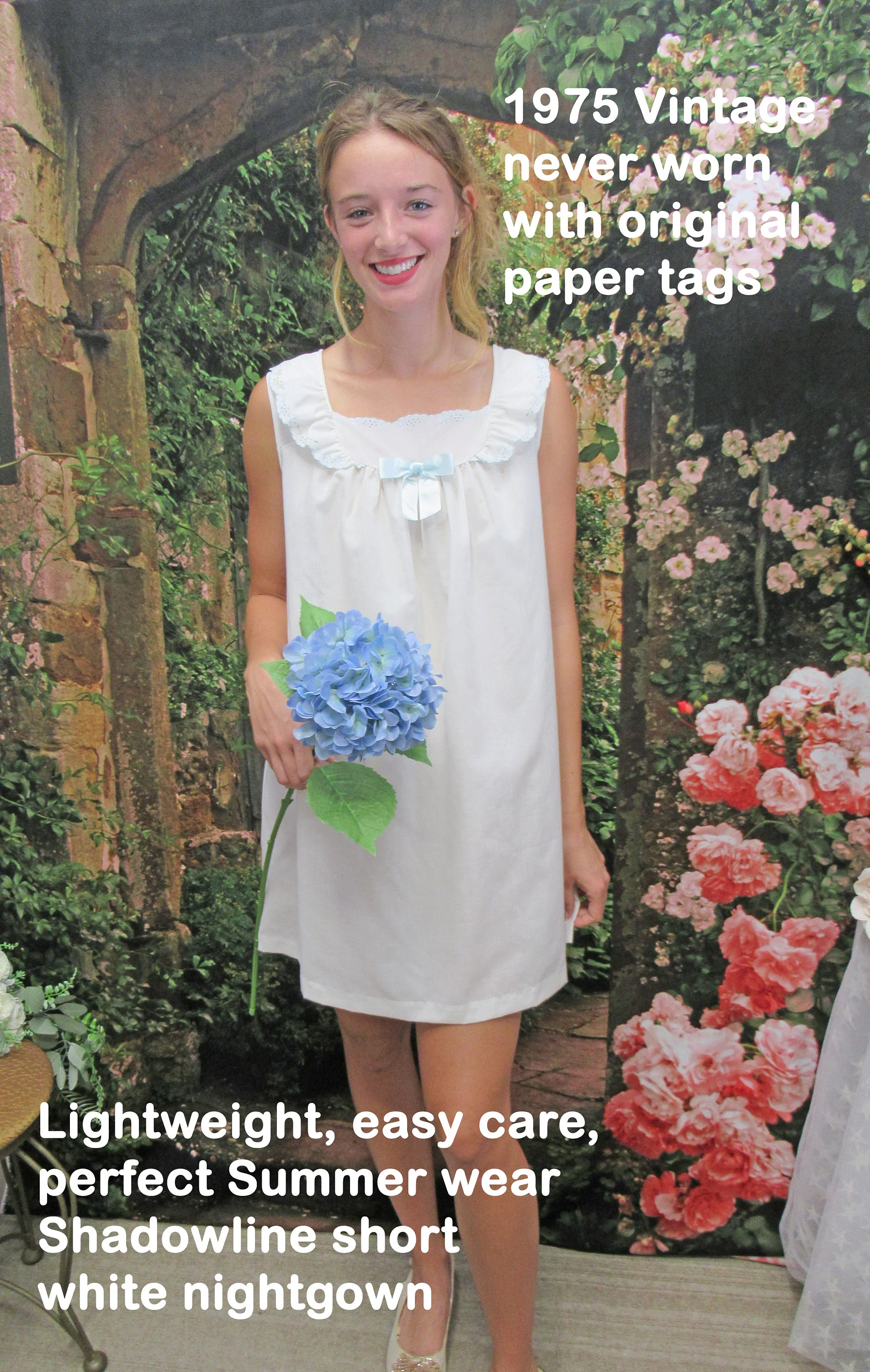 Short A-Line Nightgown Shadowline White Sleeveless Sassy Polyester and Pima Cotton Fabric 1975 Paper Tag by Shadowline - Image 2