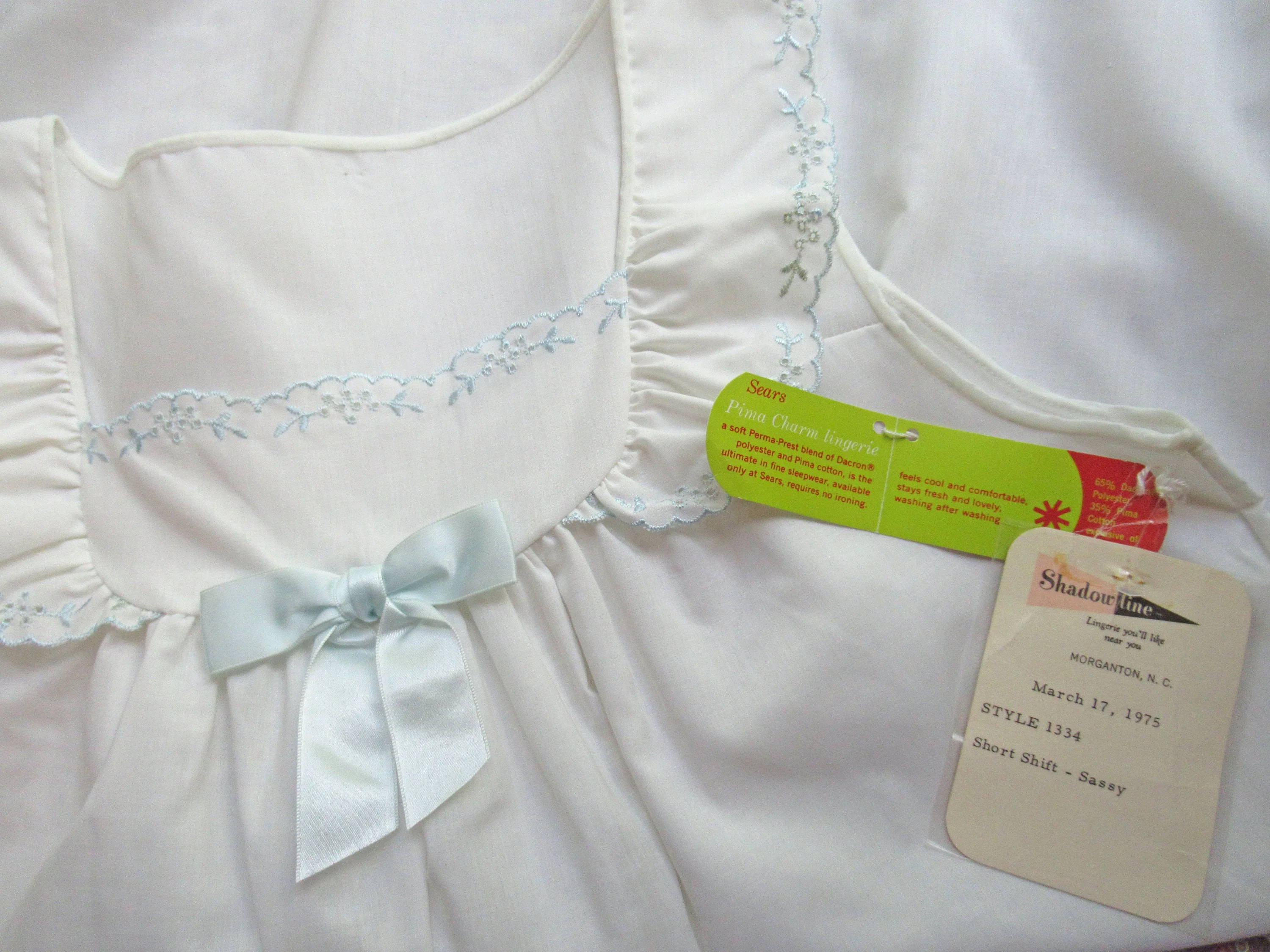 Short A-Line Nightgown Shadowline White Sleeveless Sassy Polyester and Pima Cotton Fabric 1975 Paper Tag by Shadowline - Image 5