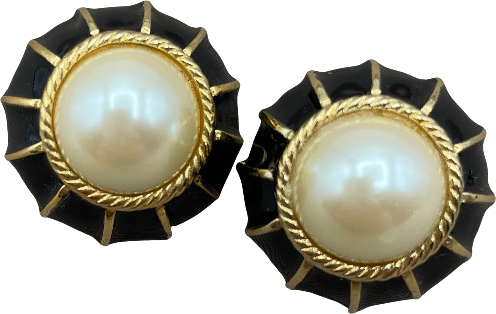 Signed Art Deco Black Enamel Pearl Clip On Statement Earrings by Gay Boyer