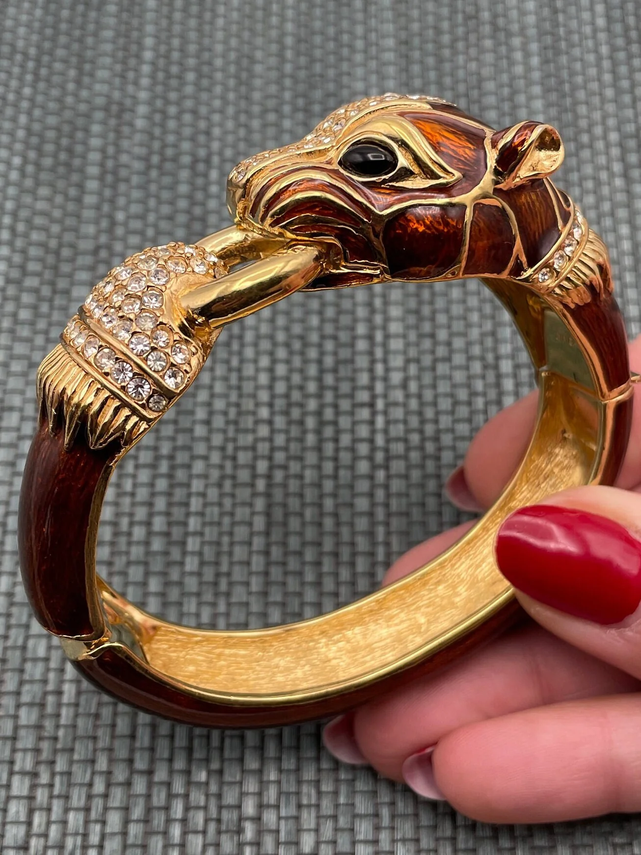 Signed Ciner Panther Animal Clamper Bracelet Bronze Enamel Crystal Cuff Foo Dog Hinged Bangle by Ciner - Image 2