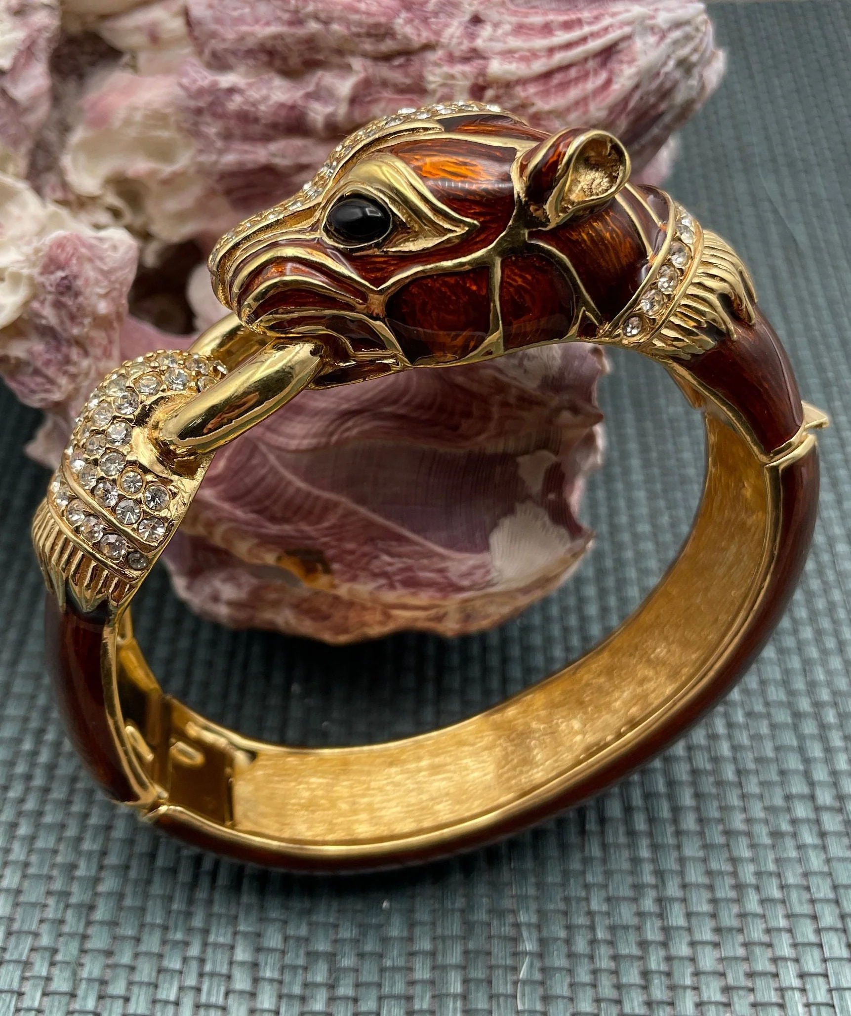 Signed Ciner Panther Animal Clamper Bracelet Bronze Enamel Crystal Cuff Foo Dog Hinged Bangle by Ciner - Image 3