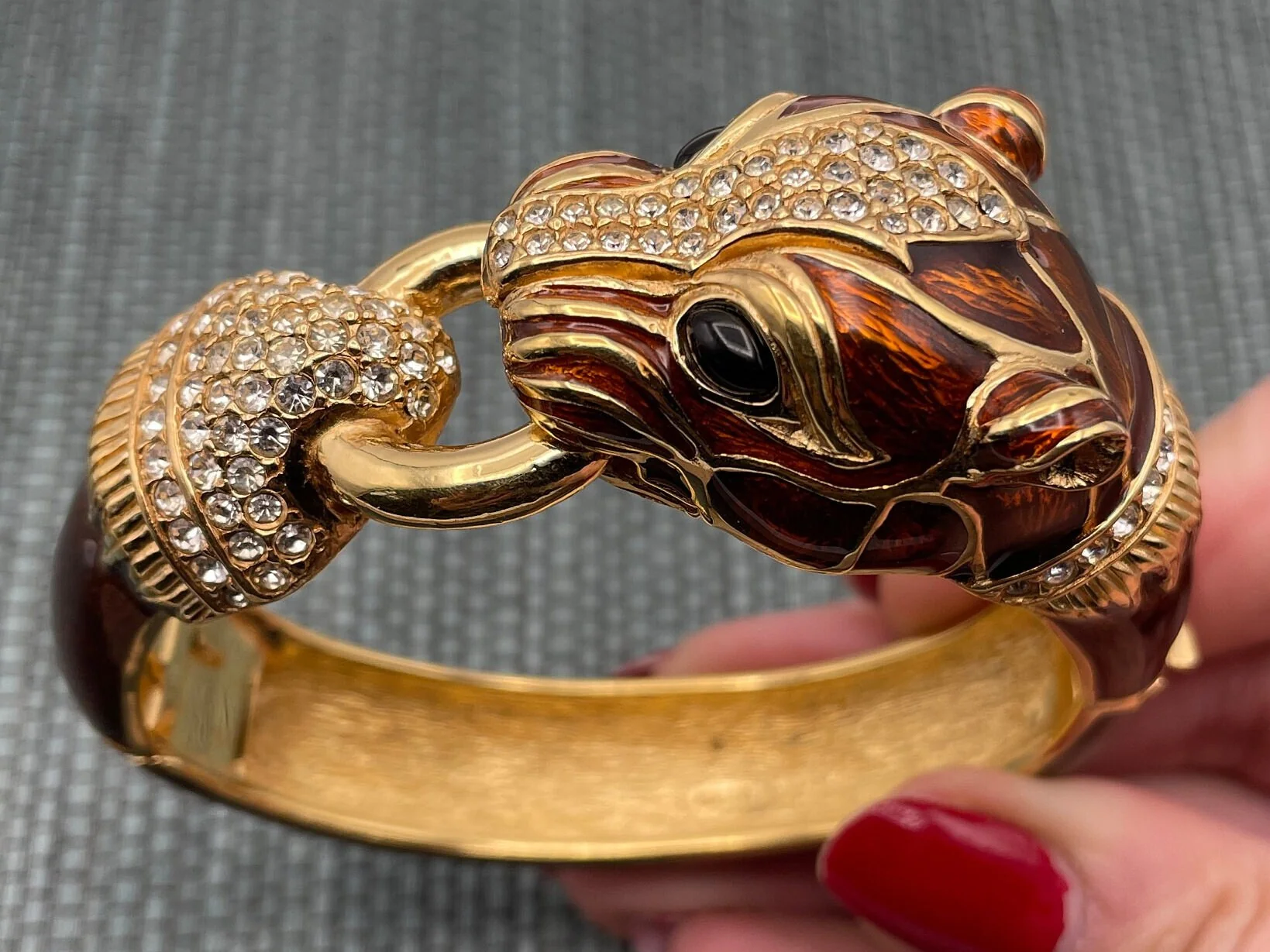 Signed Ciner Panther Animal Clamper Bracelet Bronze Enamel Crystal Cuff Foo Dog Hinged Bangle by Ciner - Image 4