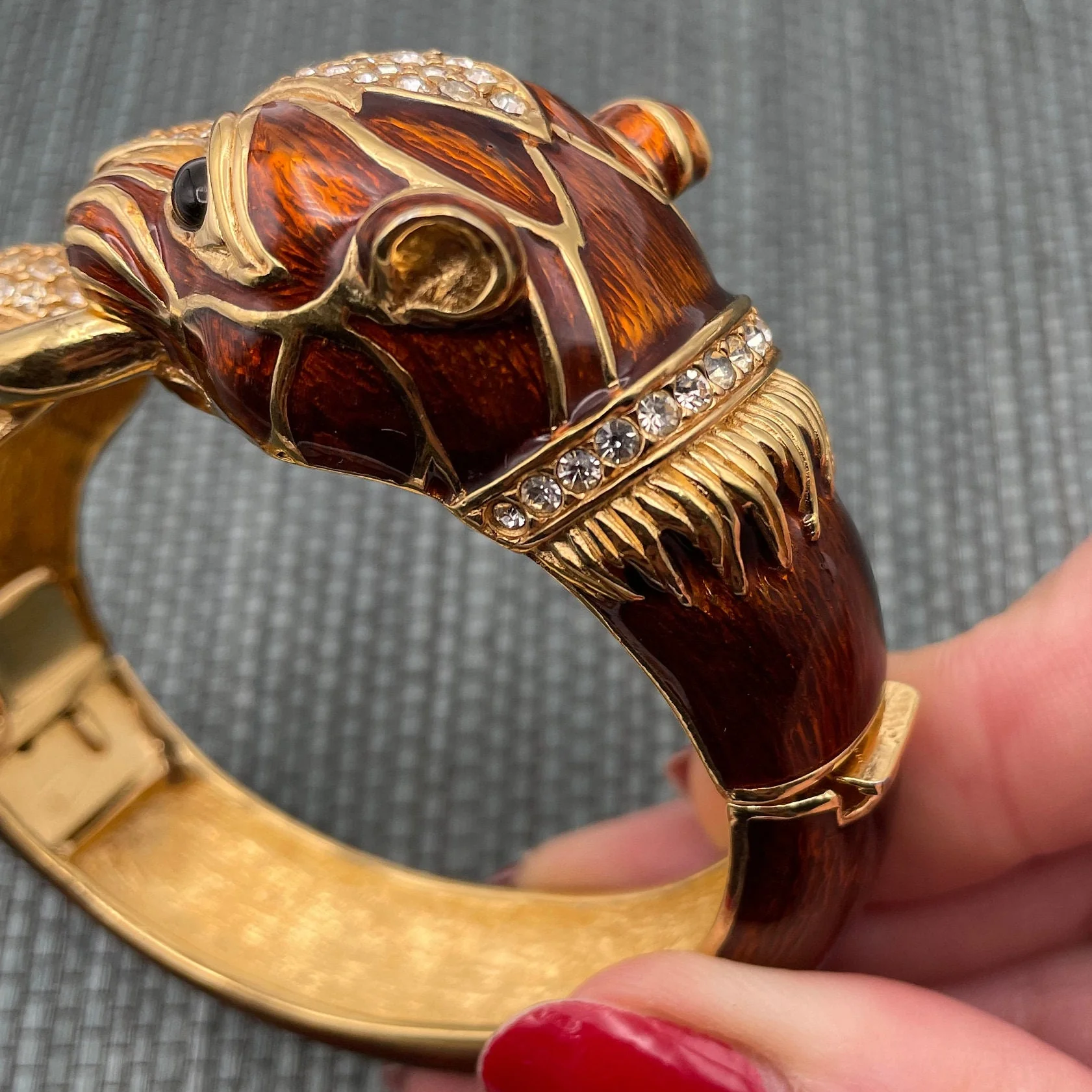 Signed Ciner Panther Animal Clamper Bracelet Bronze Enamel Crystal Cuff Foo Dog Hinged Bangle by Ciner - Image 5