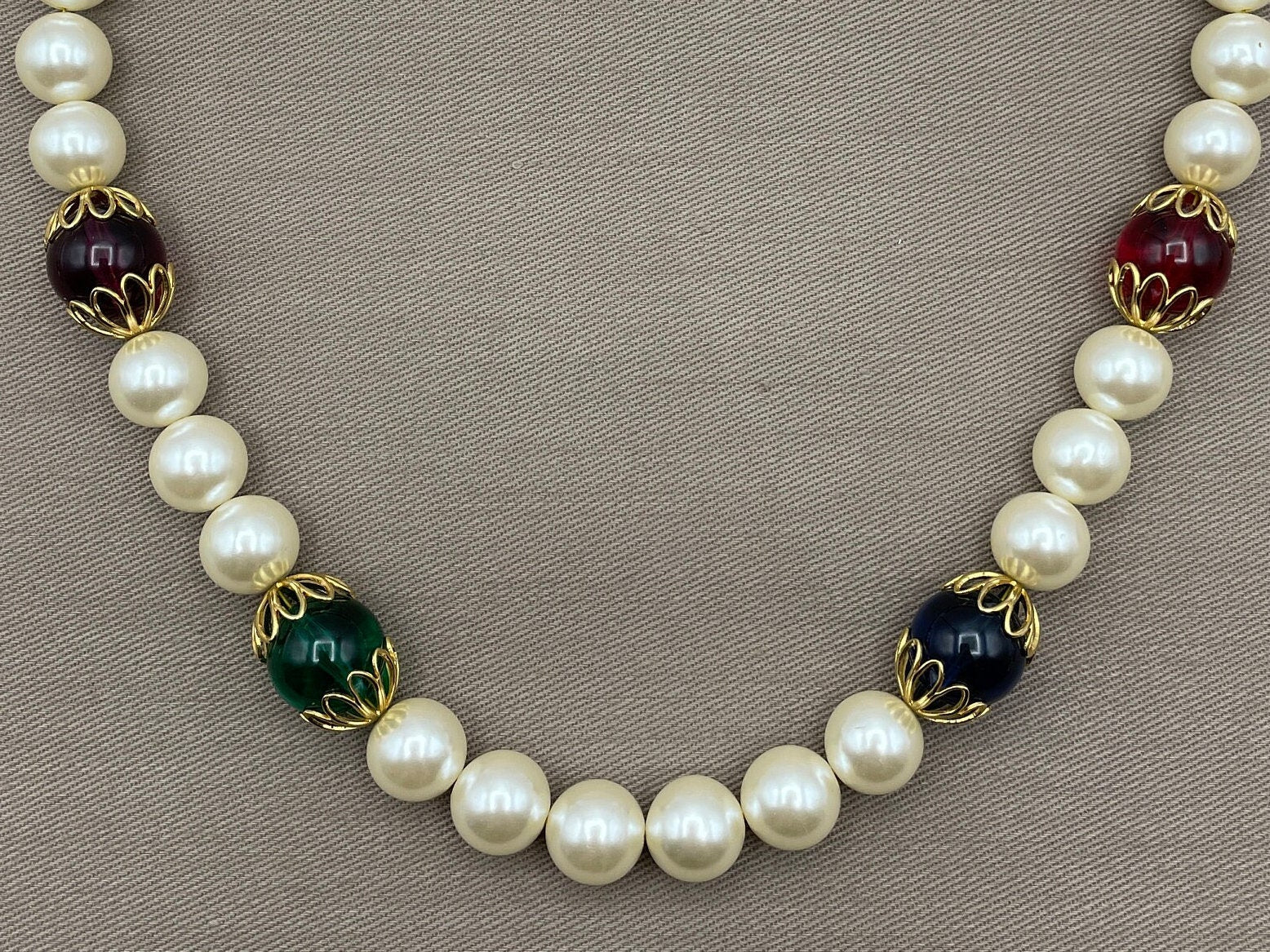 Signed Pearl Choker with Colorful Lucite Beads Amethyst Ruby Emerald Sapphire by Napier - Image 3