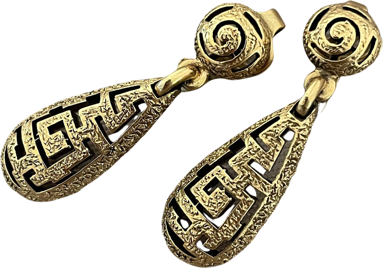 Signed Trifari Etruscan Textured Drop Dangle Clip-On Statement Earrings by Trifari
