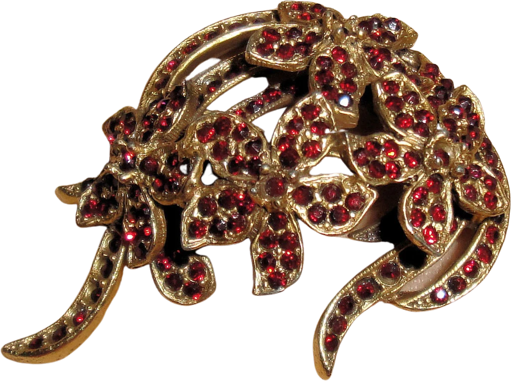 Signed Vogue Brooch Red Tiny Inset Rhinestone Floral Abstract On Gold Tone Metal Perfectly Lovely 50s Vintage Three Dimensional Design